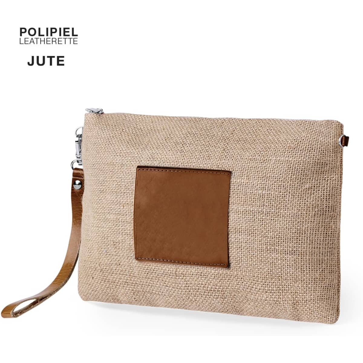 A beige jute toiletry bag with a brown leatherette patch and a zip closure. It features a wrist strap and branding.