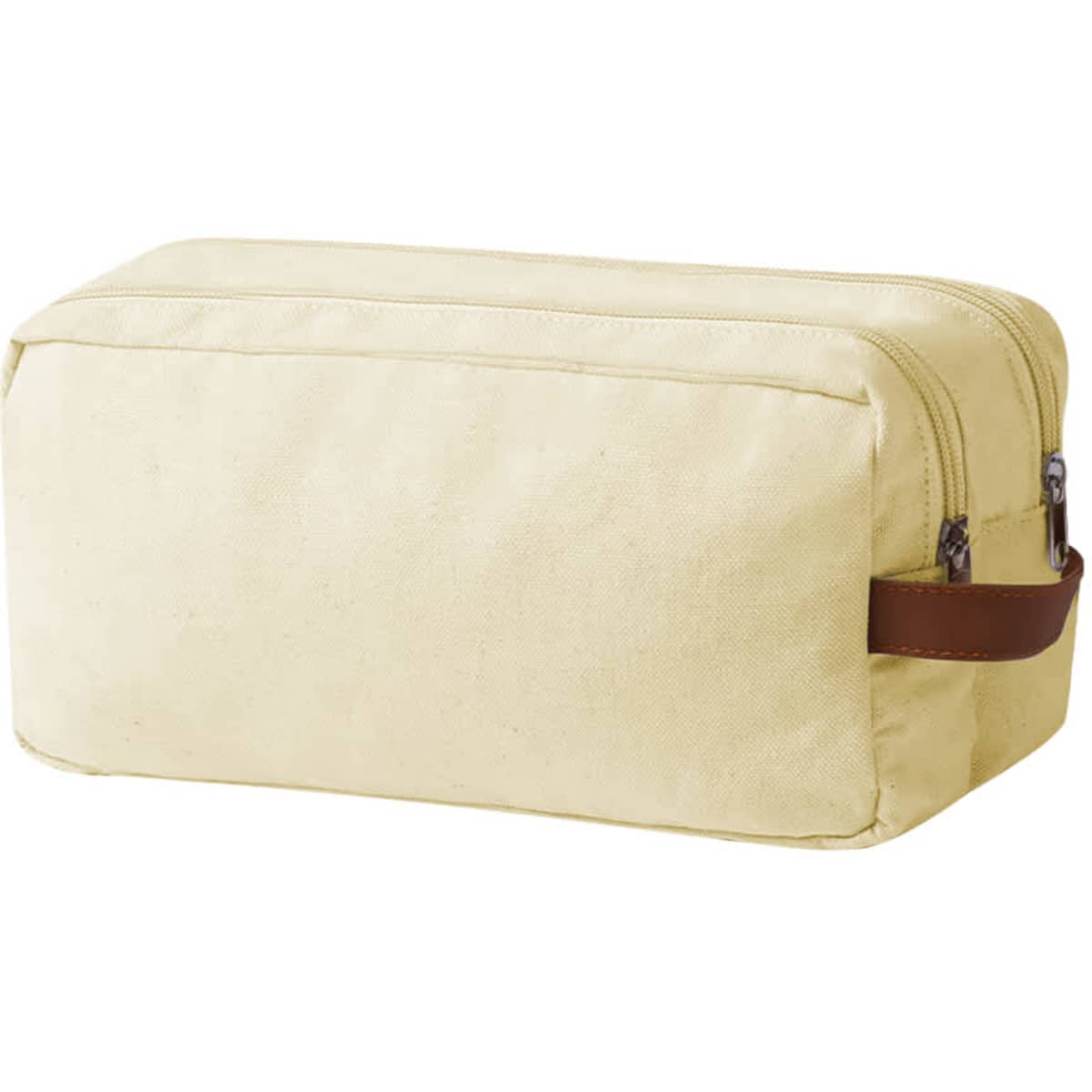 A cream-coloured toiletry bag with a brown leather handle and zip closures. It features a simple, minimalistic design.