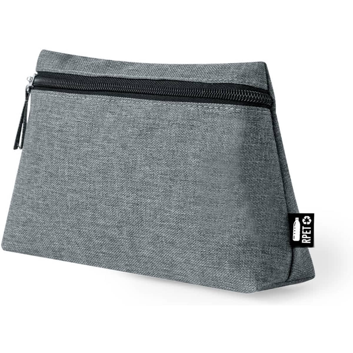 A grey toiletry bag with a triangular shape and a zip closure, featuring a small branded tag.