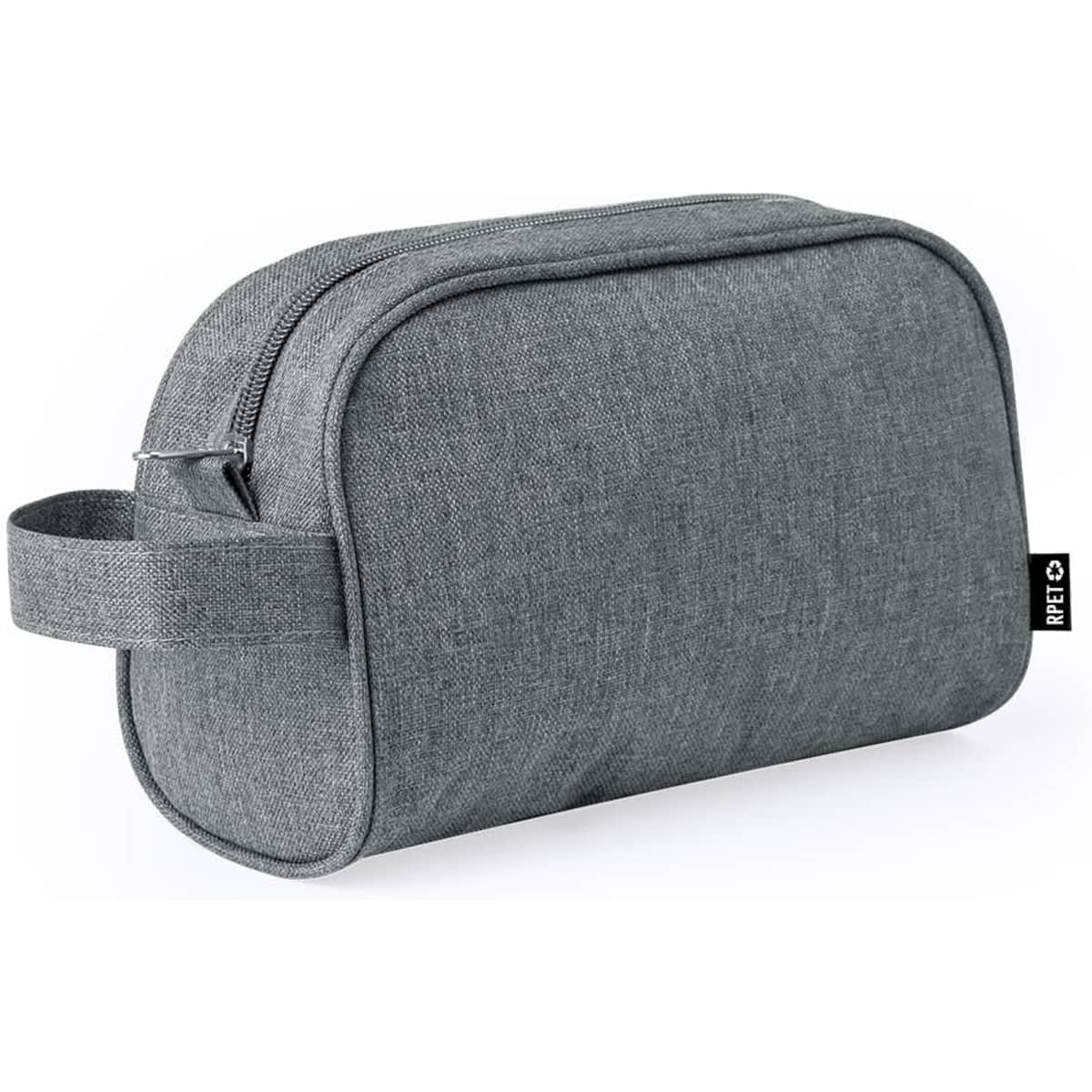 A grey toiletry bag featuring a zip closure and a side handle. It has a logo on the side.