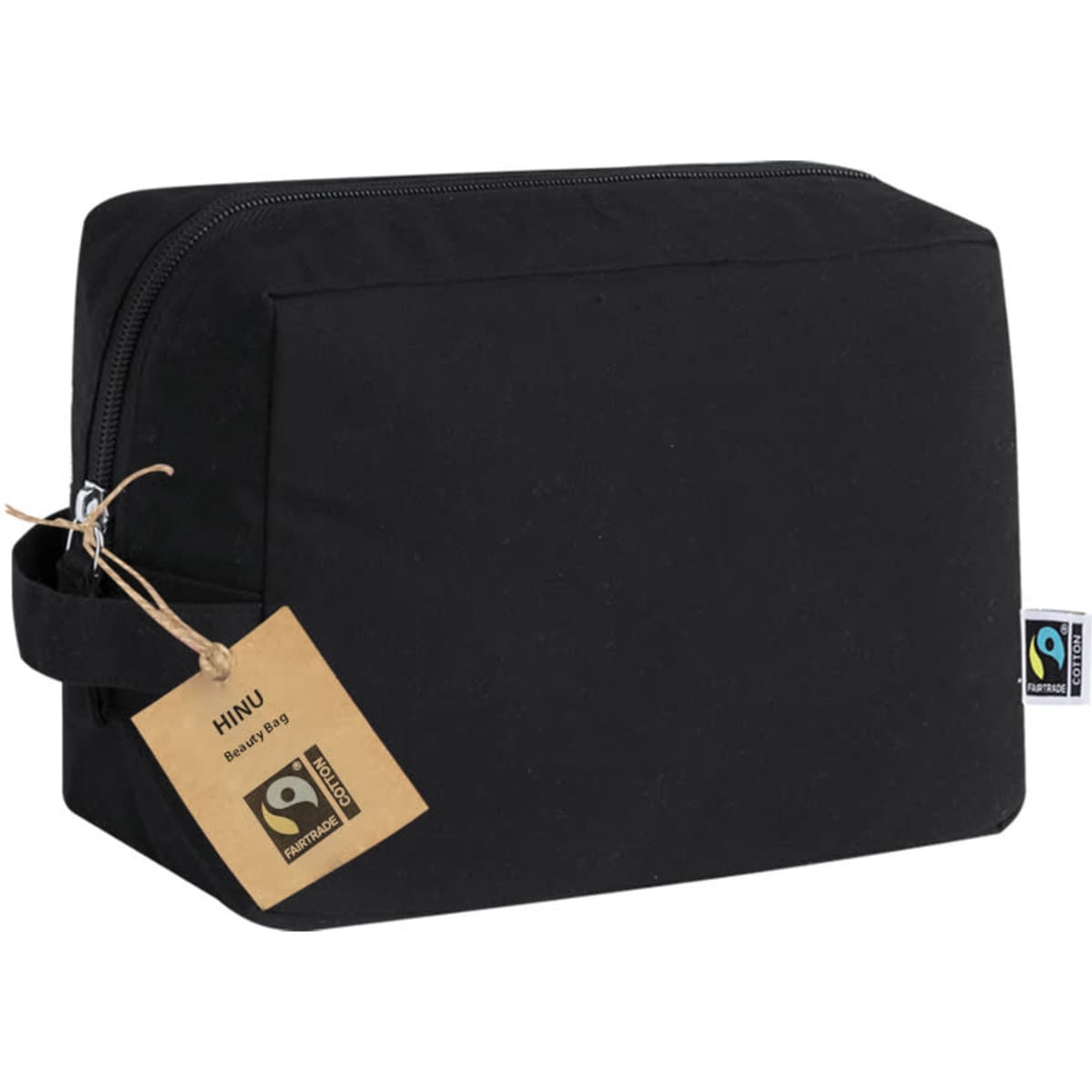 A black toiletry bag with a zip closure and a handle, featuring a tag and a logo.