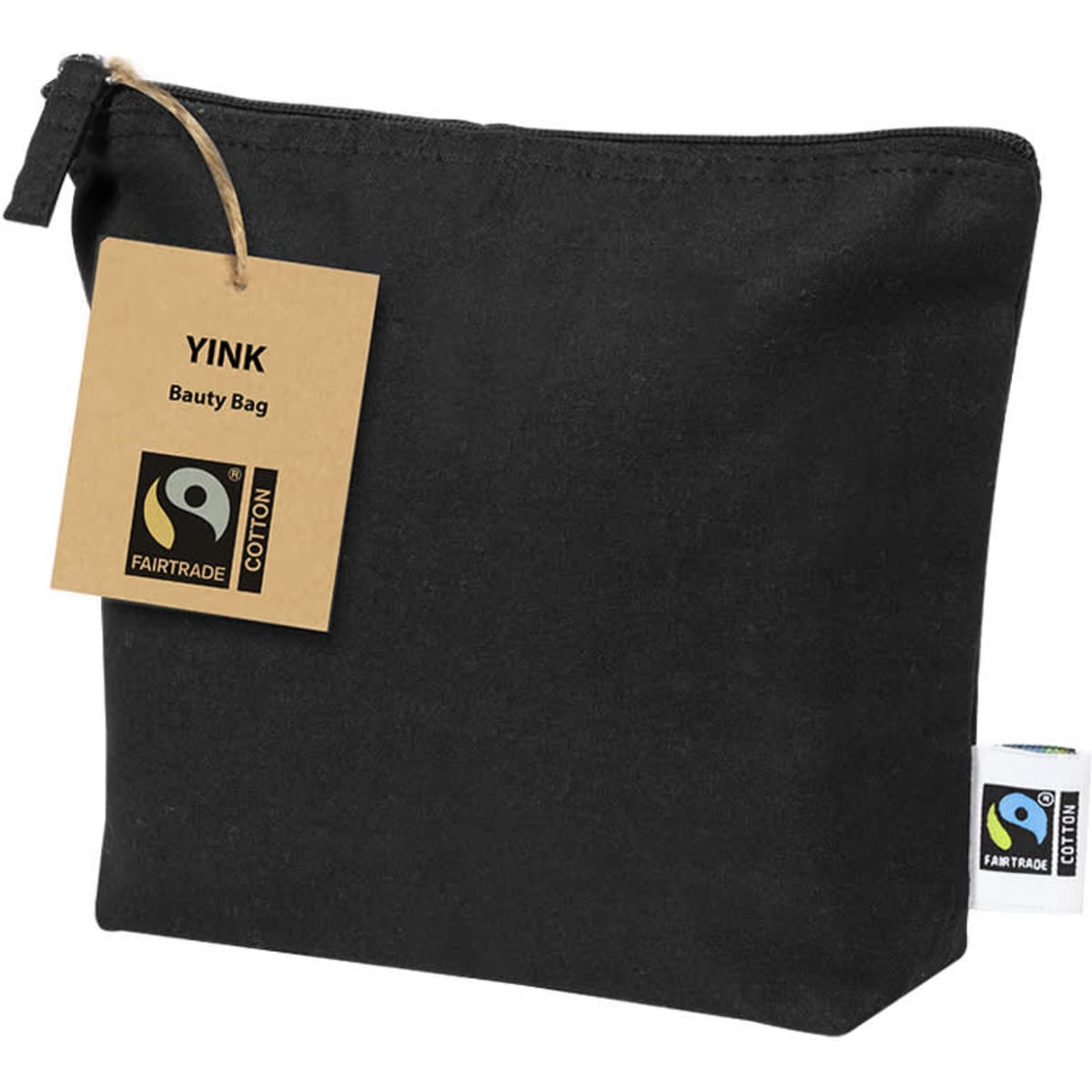 A black toiletry bag with a zip closure, featuring a tag and a logo. Made from Fairtrade cotton.