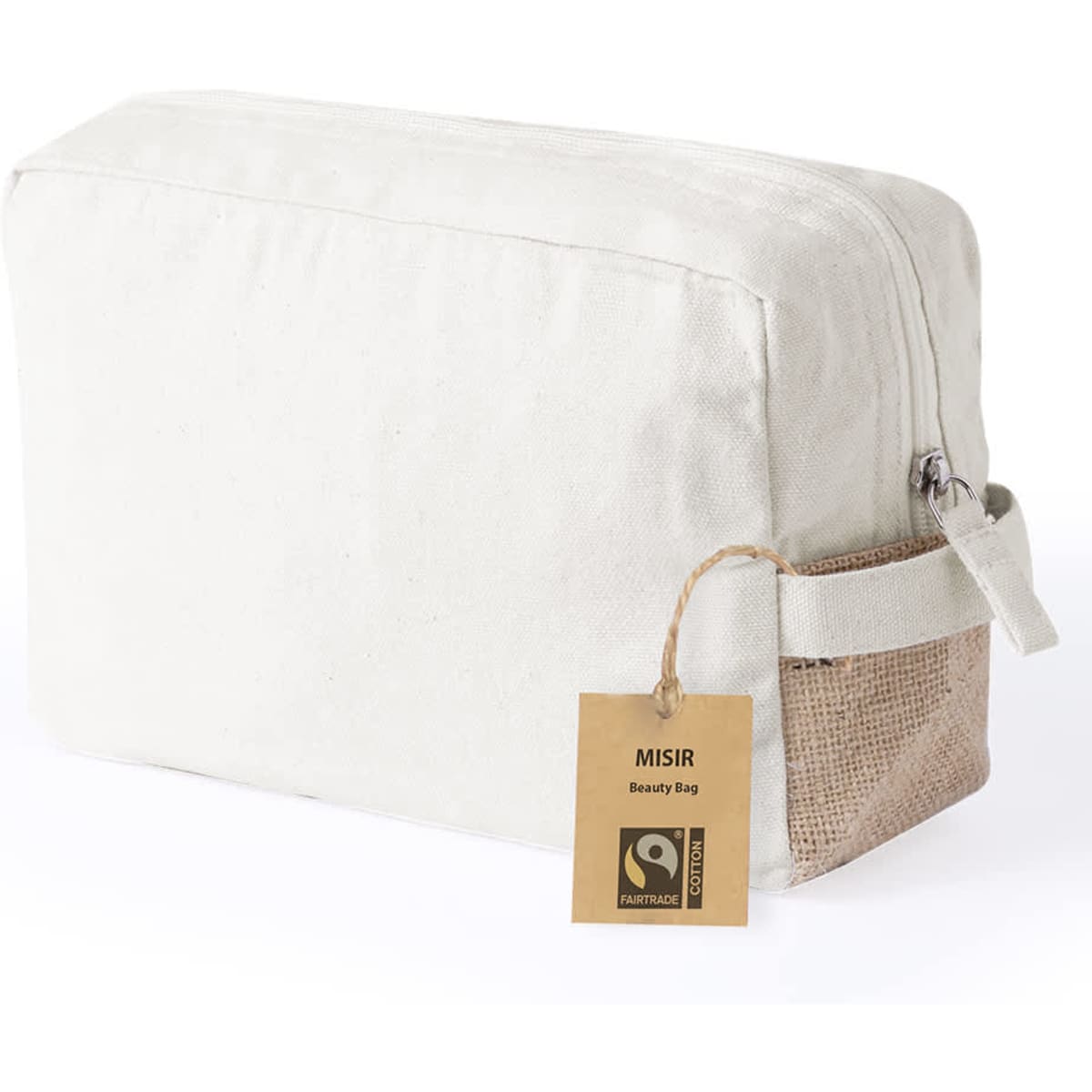 A toiletry bag in cream with a natural jute bottom, featuring a zipper and a tag indicating Fairtrade.