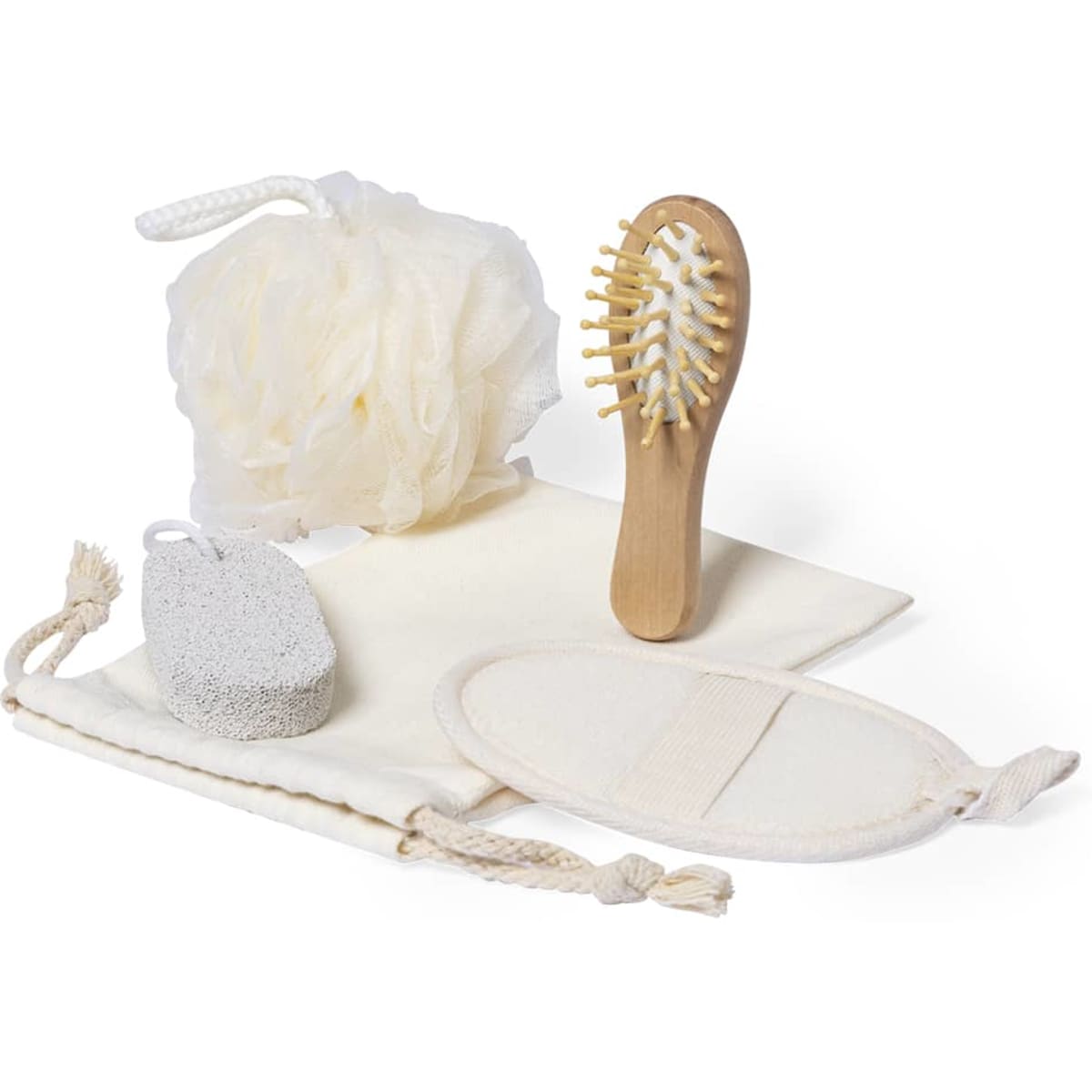 A beauty set featuring a wooden hairbrush, loofah, exfoliating sponge, and a cotton storage pouch, all in neutral colours.