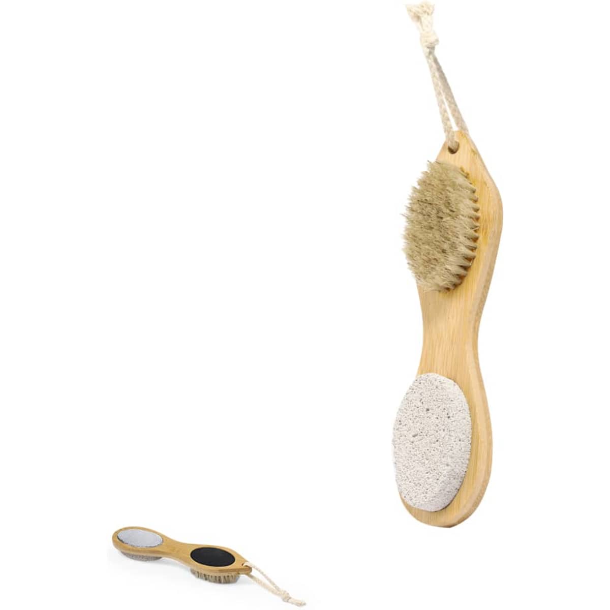 A wooden body brush with natural bristles and a pumice stone, featuring a hanging rope.
