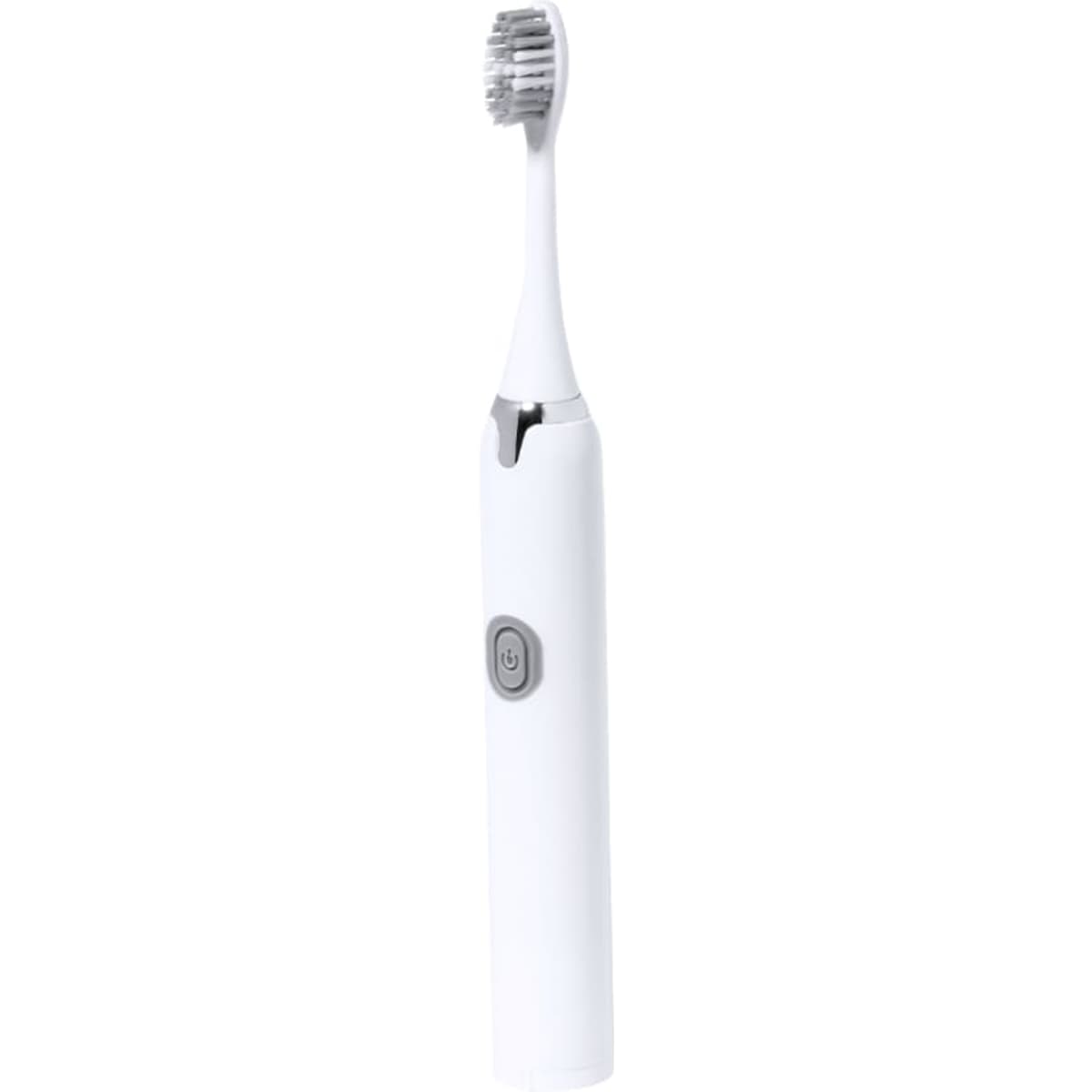 An electric toothbrush in white, featuring a slim design and a grey power button.