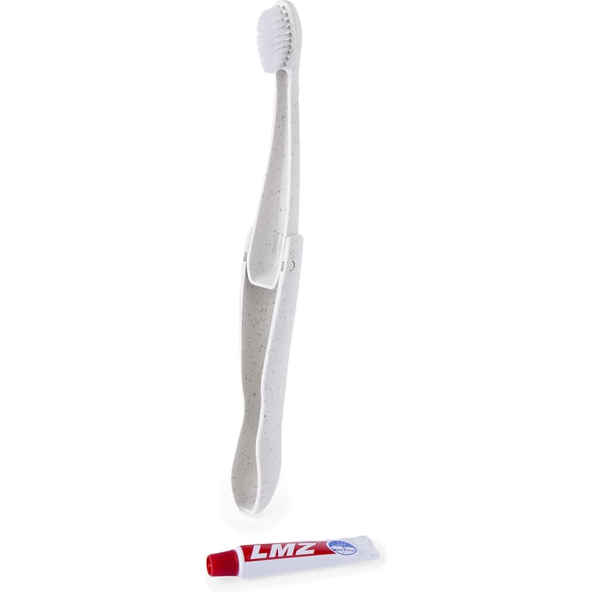 A white toothbrush with a flexible handle paired with a red tube of toothpaste. Both items are displayed together.