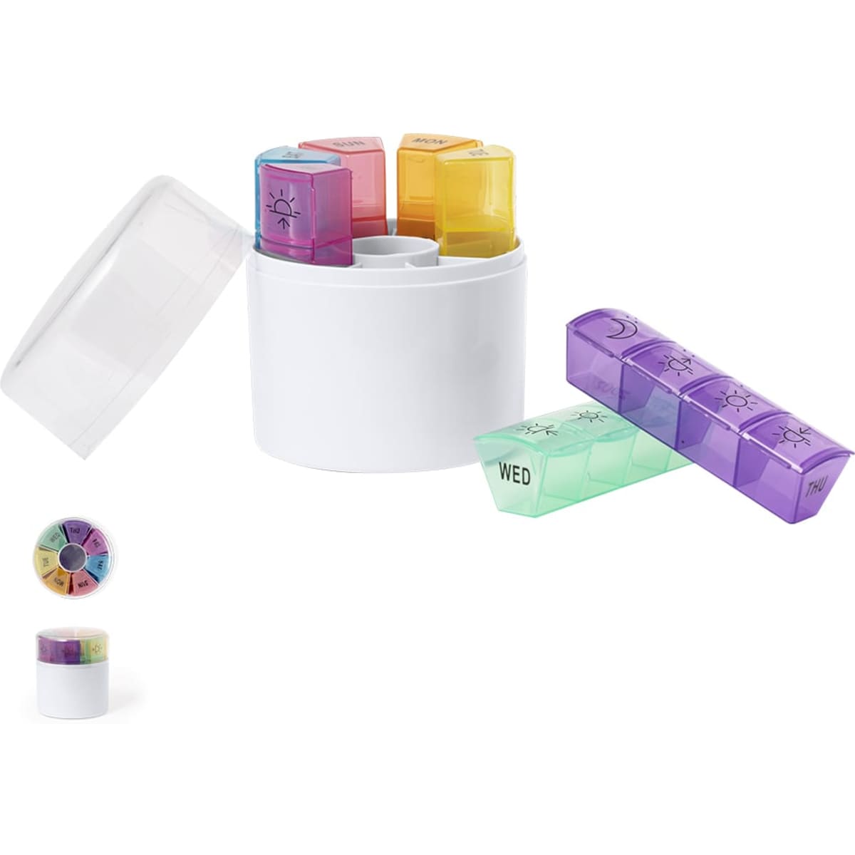 A pill organiser in white with multiple compartments in purple, yellow, orange, and green for daily medication.