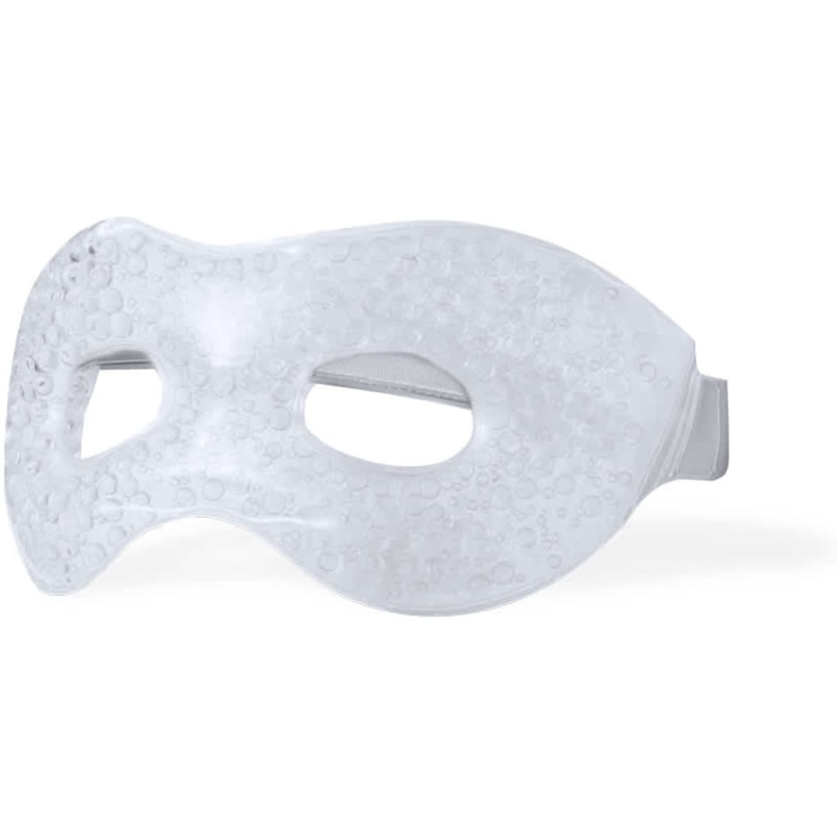A gel eye mask in clear, with a contoured shape and an adjustable strap for comfort. It features a textured surface.