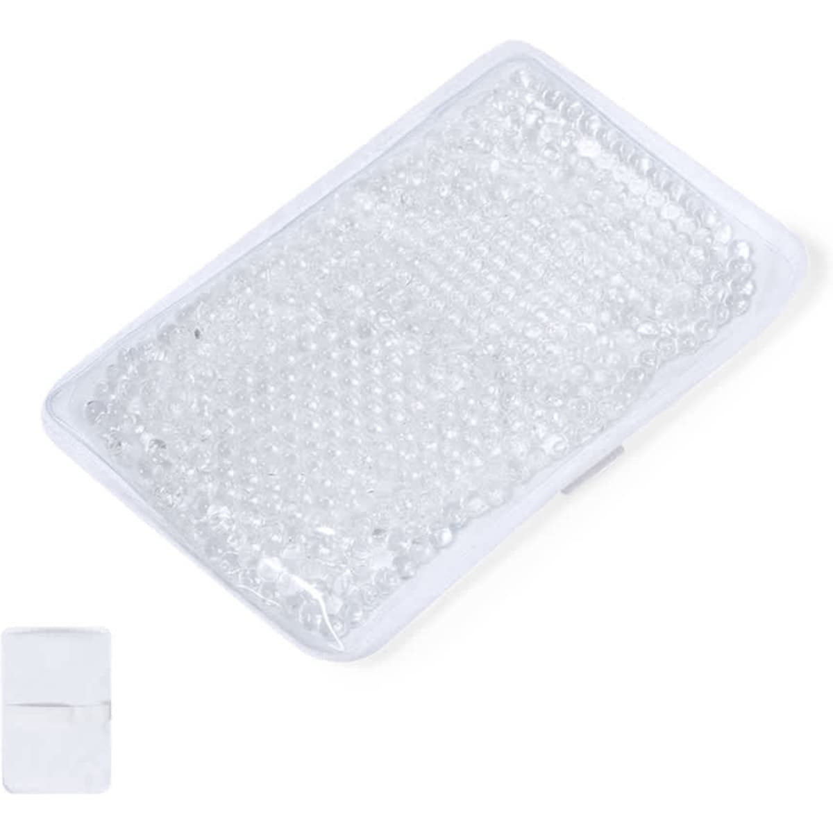 A clear gel pack in a white casing, featuring a textured surface for comfort.