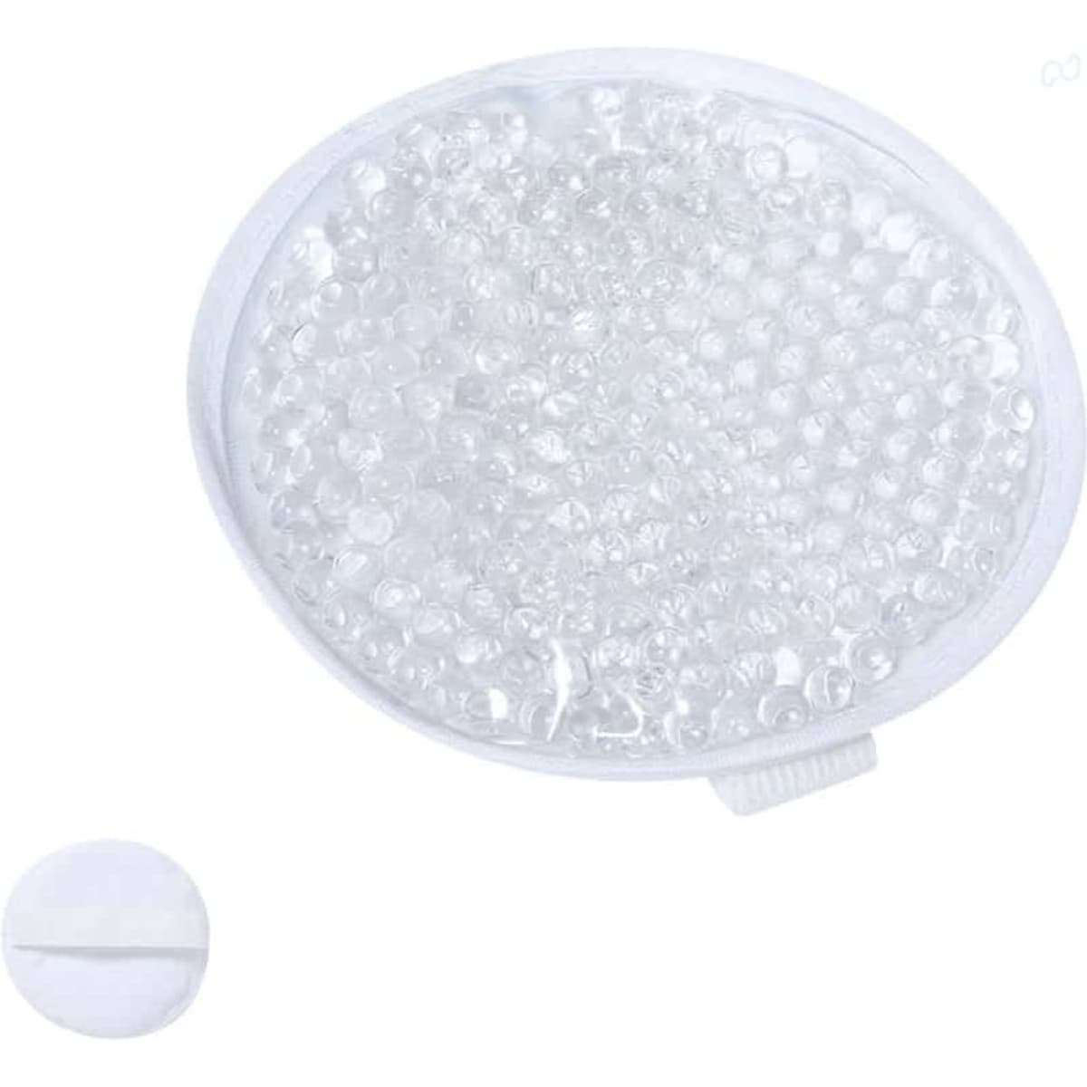 A gel pack in an oval shape with a clear, textured surface. It includes a small circle for secure attachment.