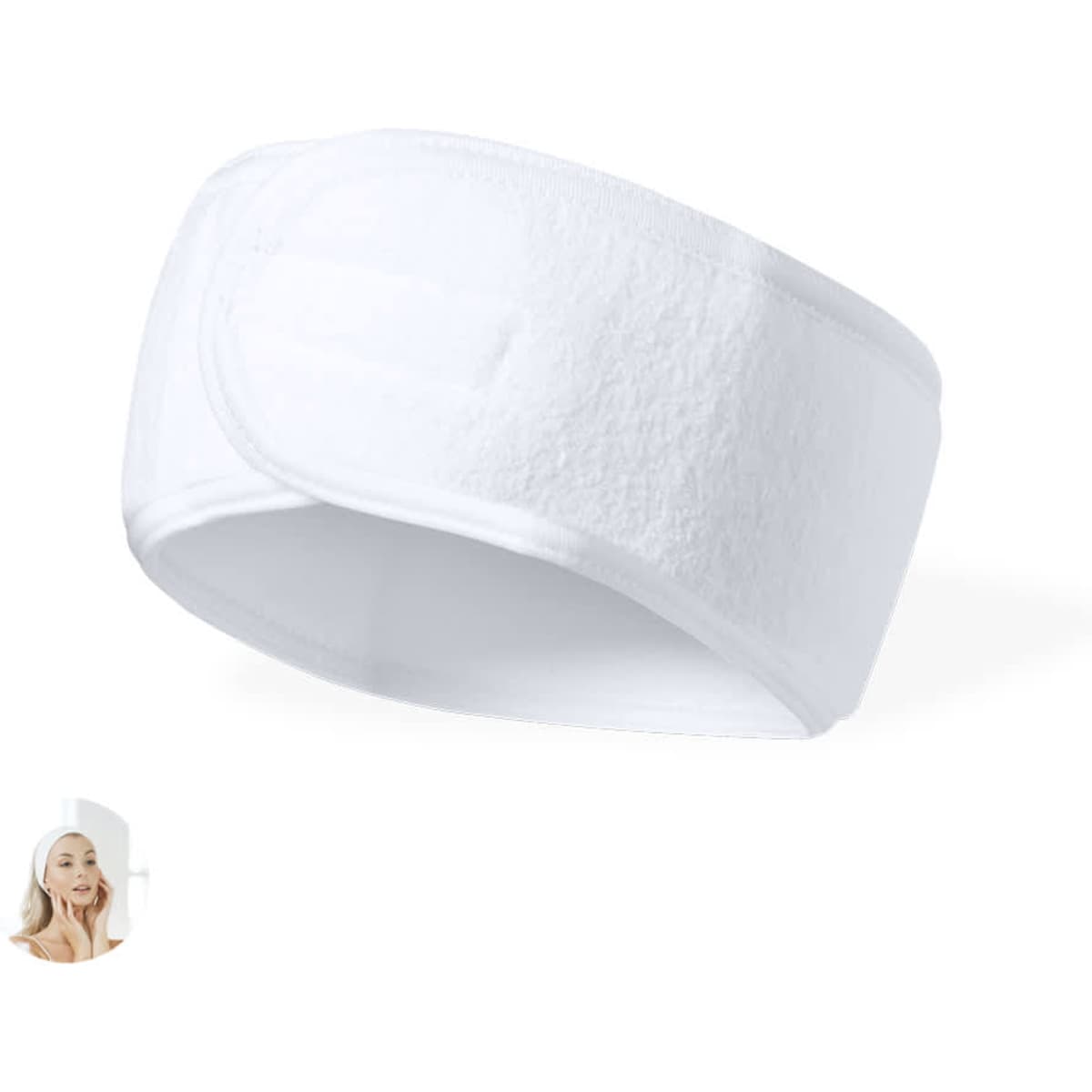 A white terry cloth headband with a logo, designed for headwear.