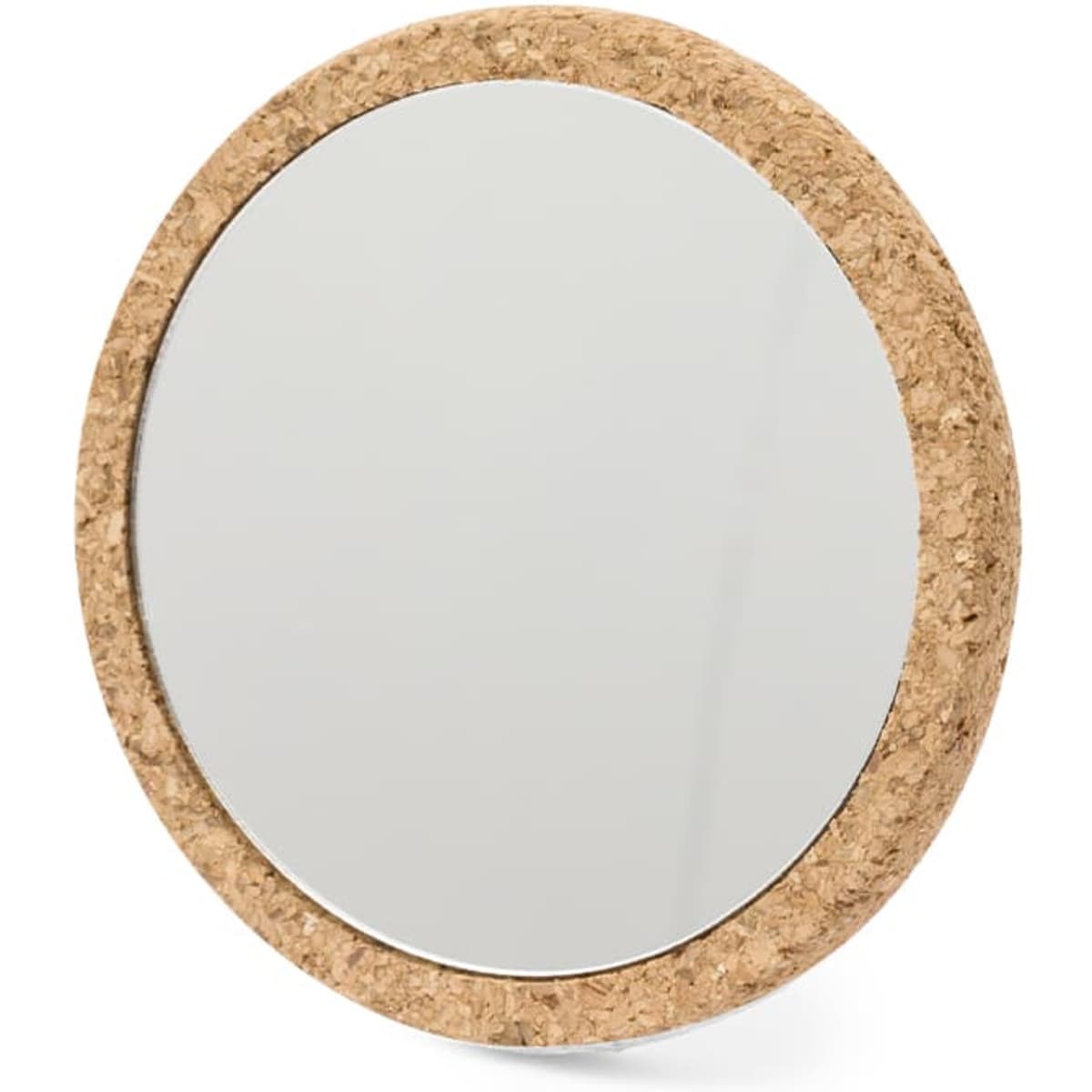 A round mirror with a natural cork frame, featuring a simple and minimalistic design.