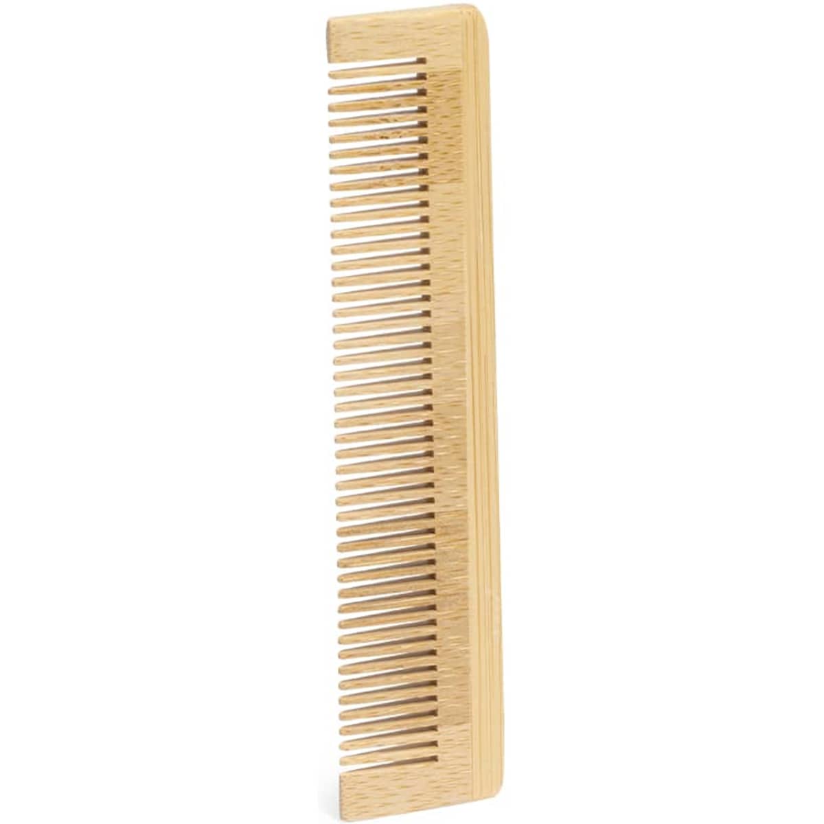A wooden comb in a natural finish with evenly spaced teeth, featuring a smooth edge.