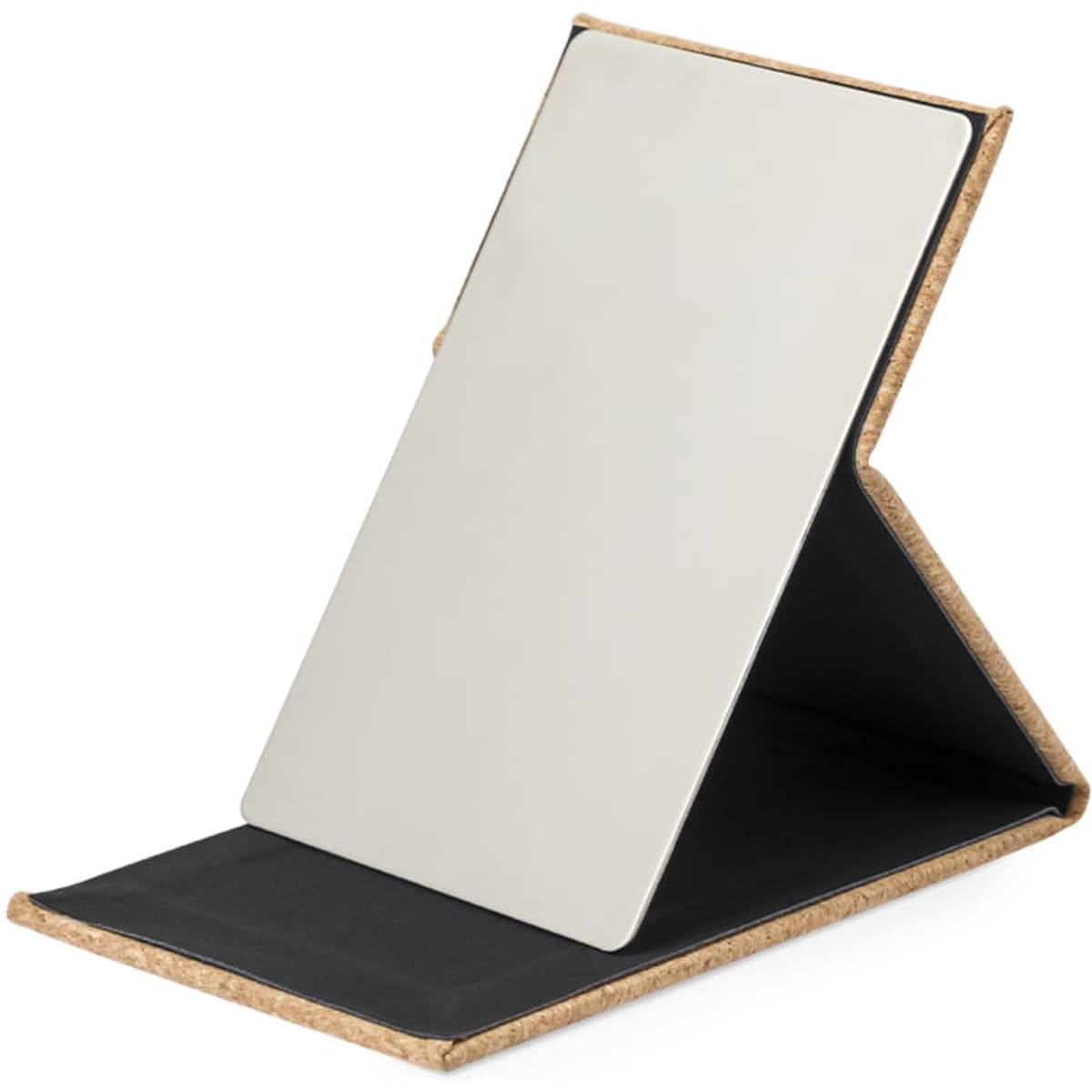 A standing mirror with a sleek silver reflective surface and a natural cork base. It features a minimalist design.
