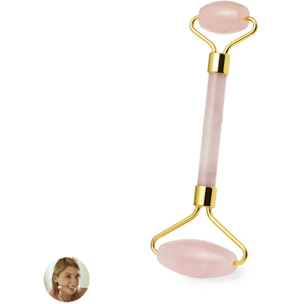 A rose quartz facial roller with a golden handle, featuring two smooth ends for beauty and skincare routines.