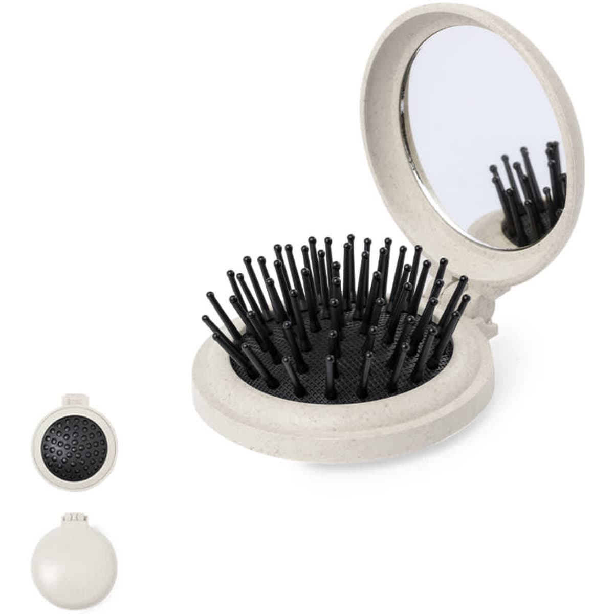 A compact mirror with a black bristle brush, featuring a round, light-coloured case. It has a logo on the surface.