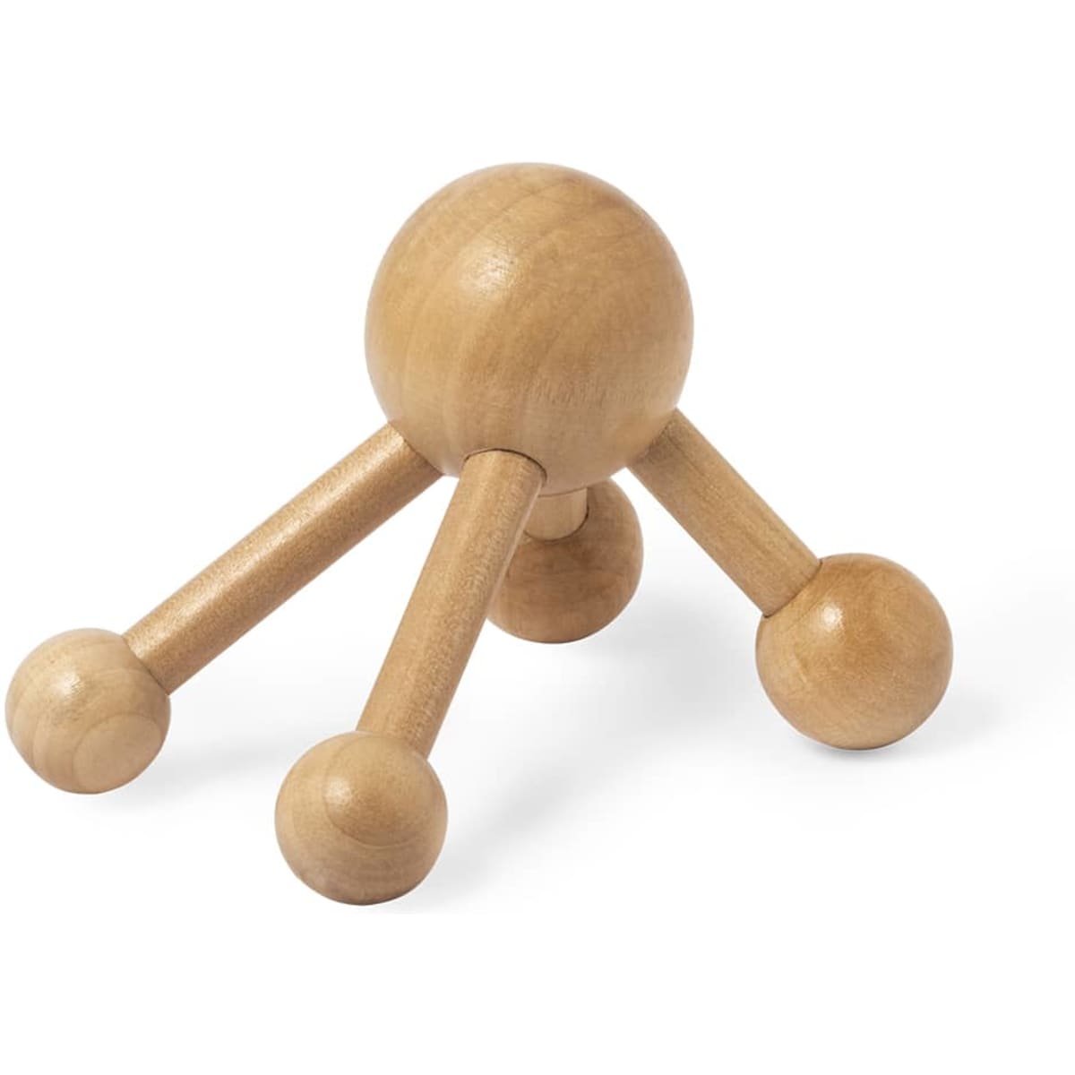 A wooden massage tool with a spherical head and three rounded legs, all featuring a natural wood finish.
