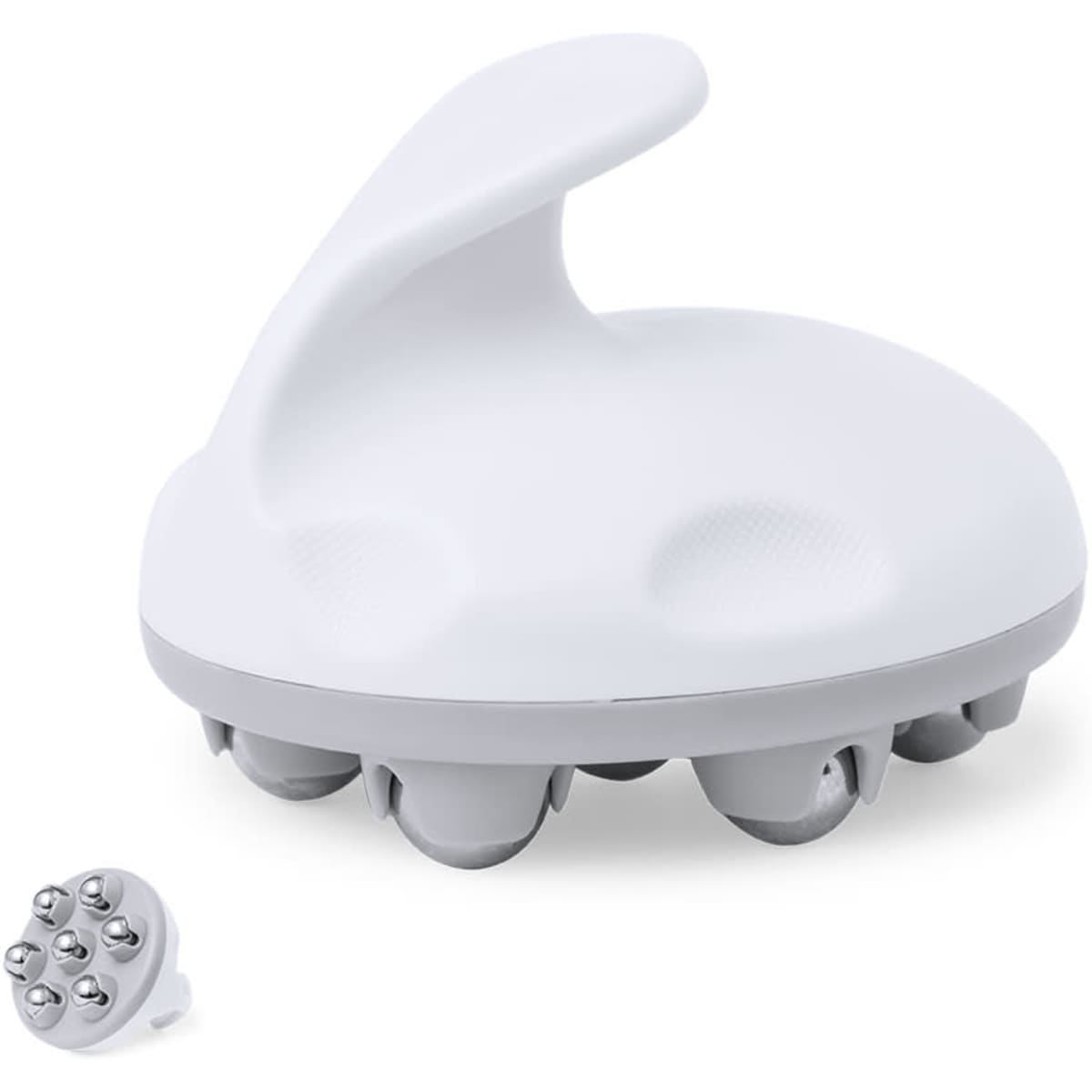 A white massage device with rounded rollers, accompanied by an additional attachment. It has a smooth, ergonomic design.