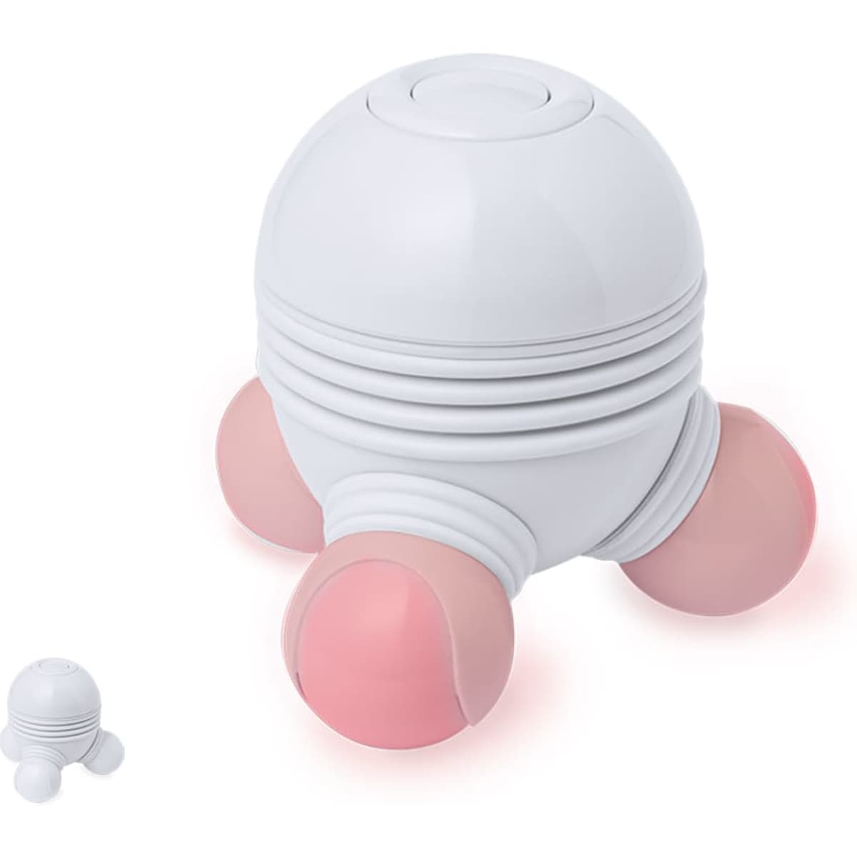 A health and personal care massage device in white and pink, featuring a spherical body with three rounded applicators.