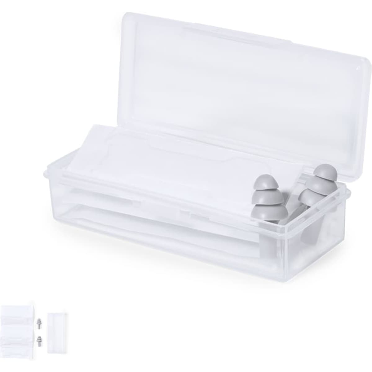 A clear storage box containing grey earplugs and several white disposable covers. The box has a hinge lid.
