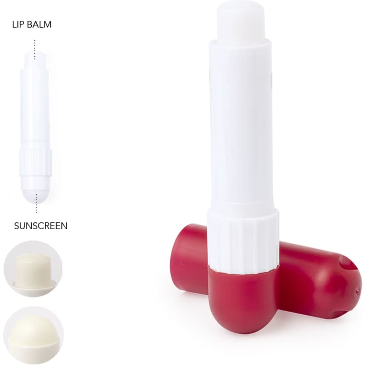 A red and white lip balm and sunscreen stick set, featuring a twist mechanism for each product.