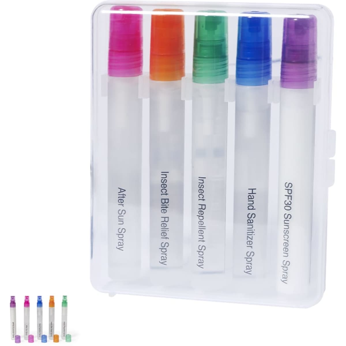 A transparent case holds five small spray bottles: SPF30 sunscreen, hand sanitiser, insect repellent, and after-bite relief, in assorted colours.