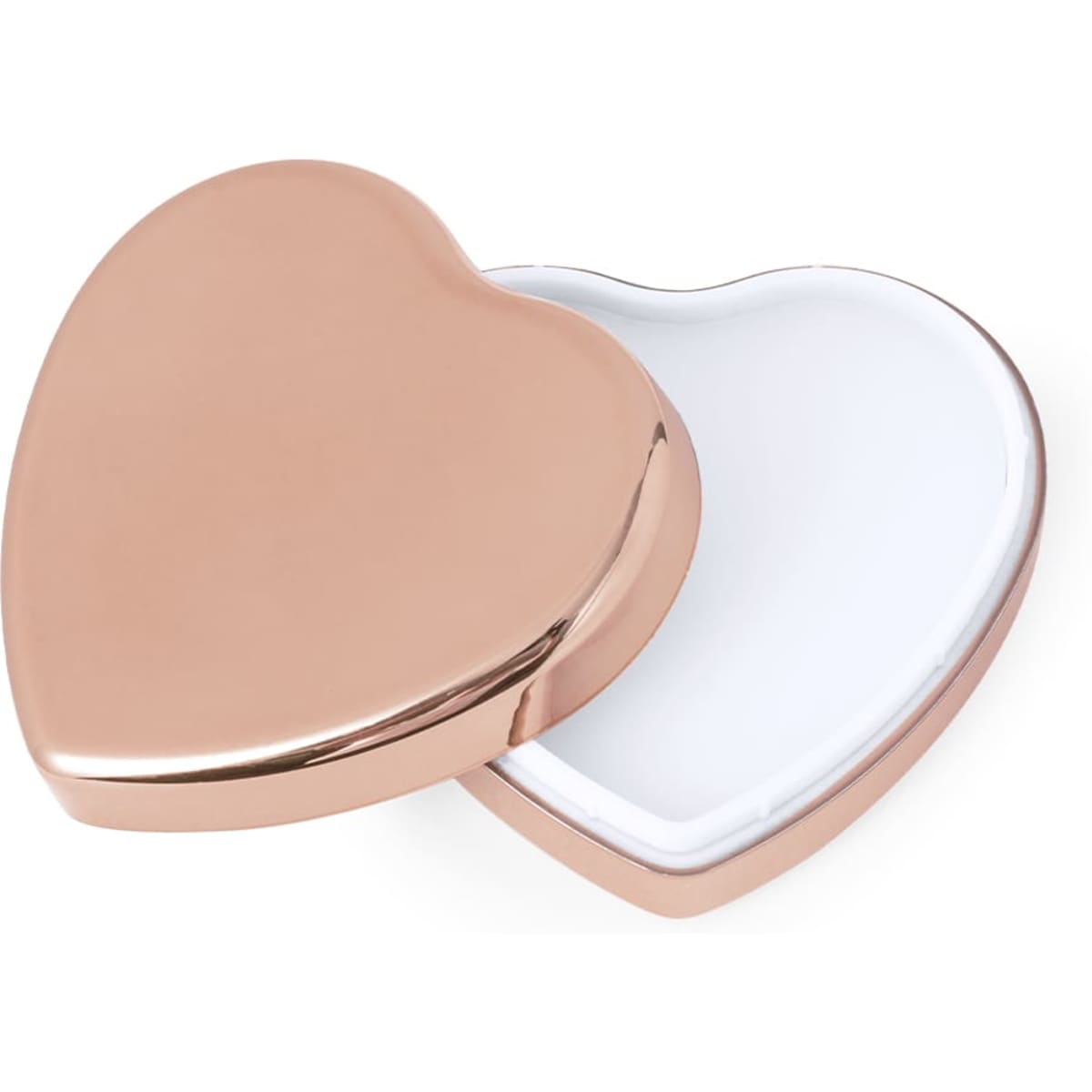 A heart-shaped lip balm container in a metallic rose gold finish, opened to reveal white balm inside.