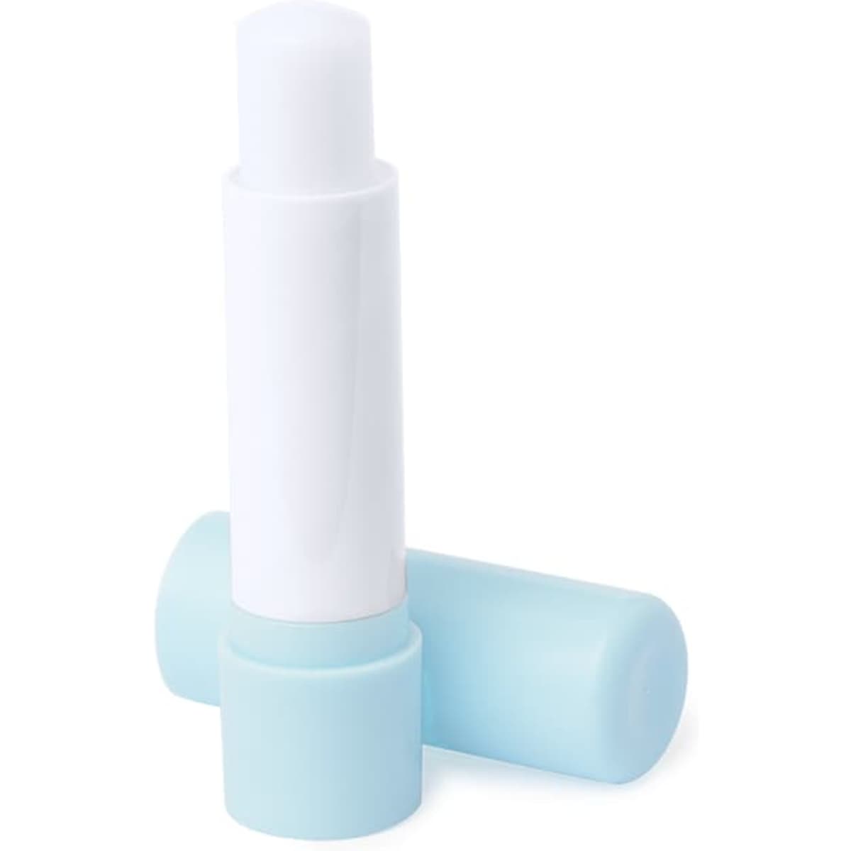 A lip balm in a white and light blue container, featuring a rounded top and a sleek design. The product has a logo.