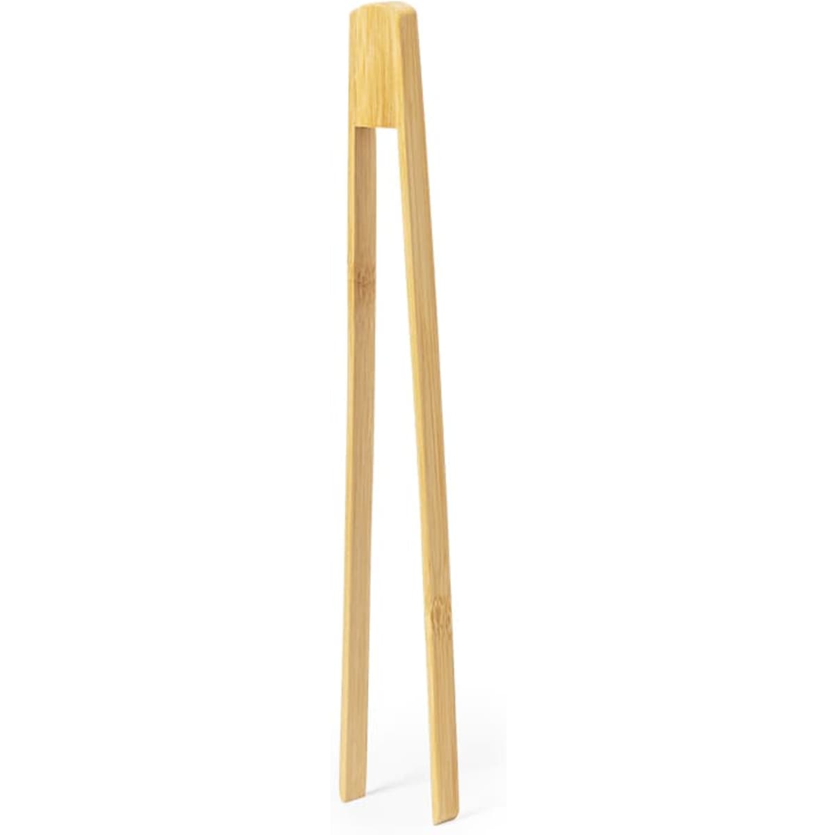 A bamboo tongs with a simple, sleek design, featuring a natural wood finish. It has a branded logo on it.