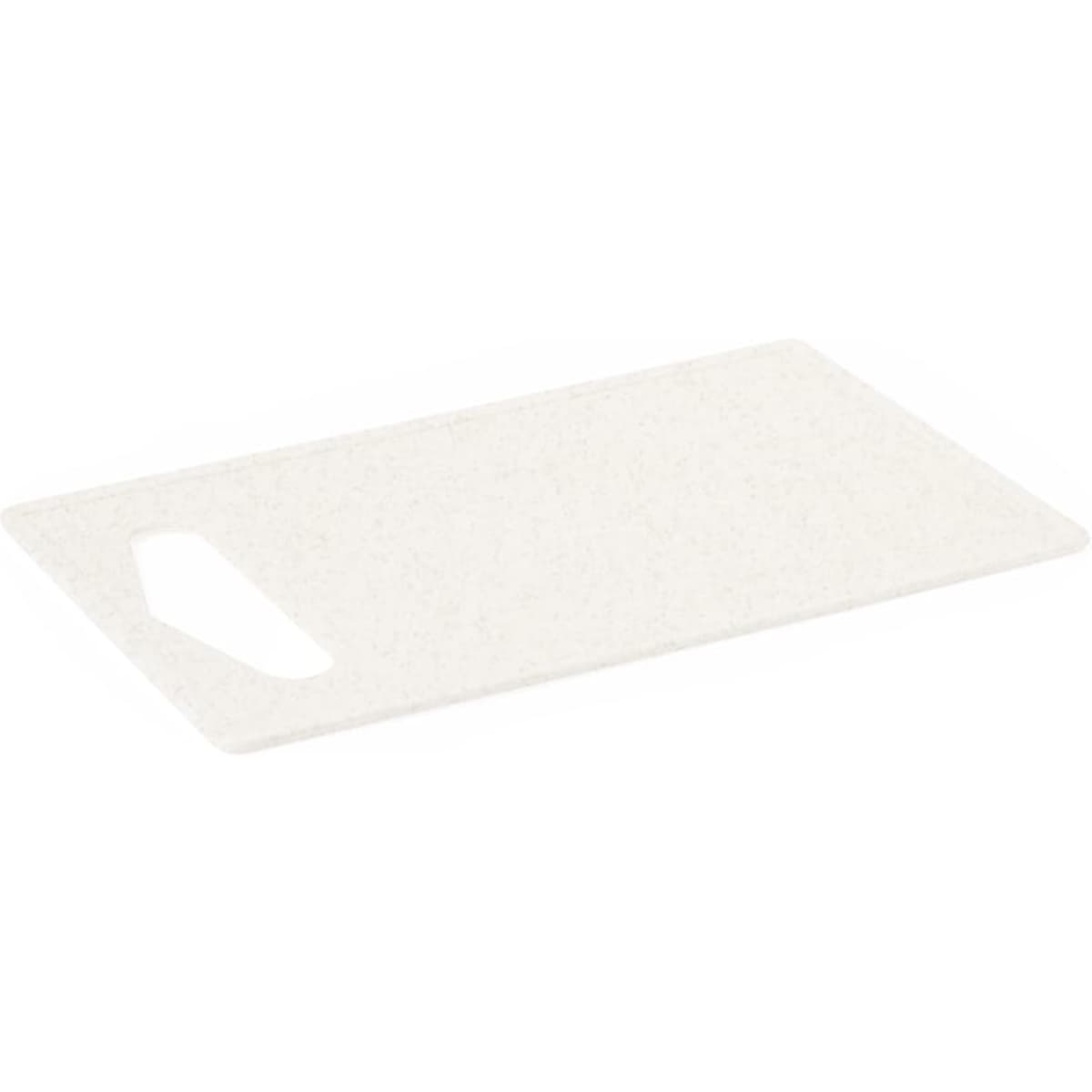 A white chopping board with a handle, featuring a smooth surface and rectangular shape. It has a logo.