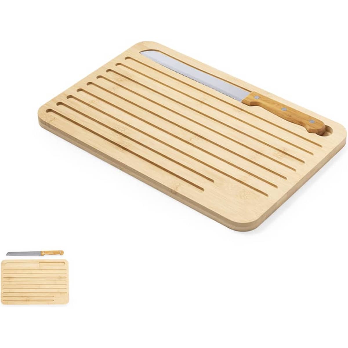 A bamboo chopping board with grooves, featuring a wooden handle knife positioned on it.