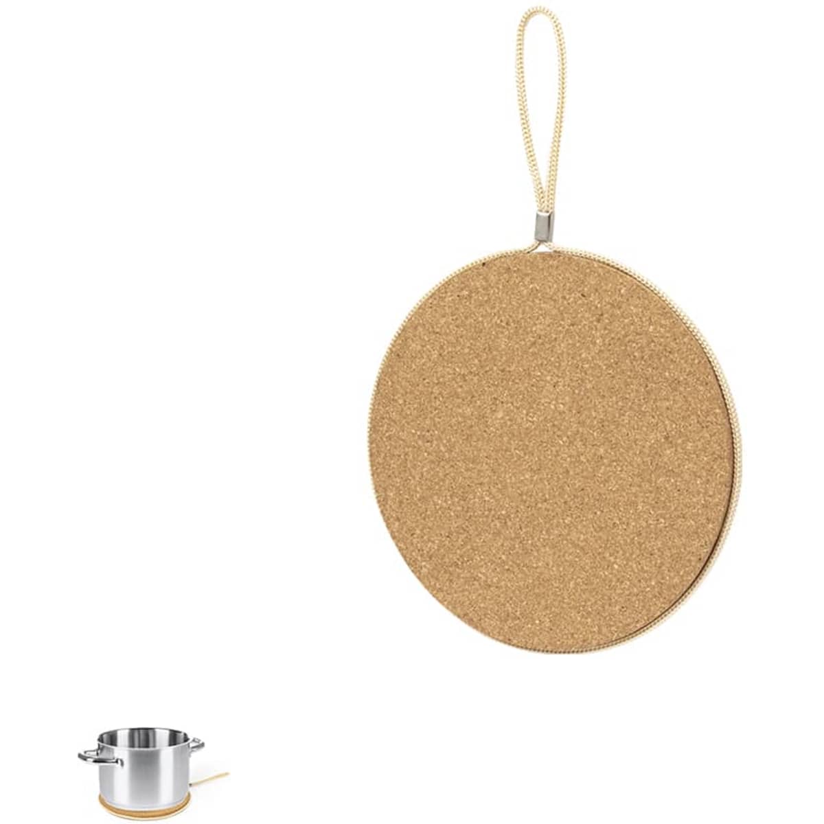 A round cork trivets with a zippered loop for hanging. It features a natural cork colour and smooth finish.