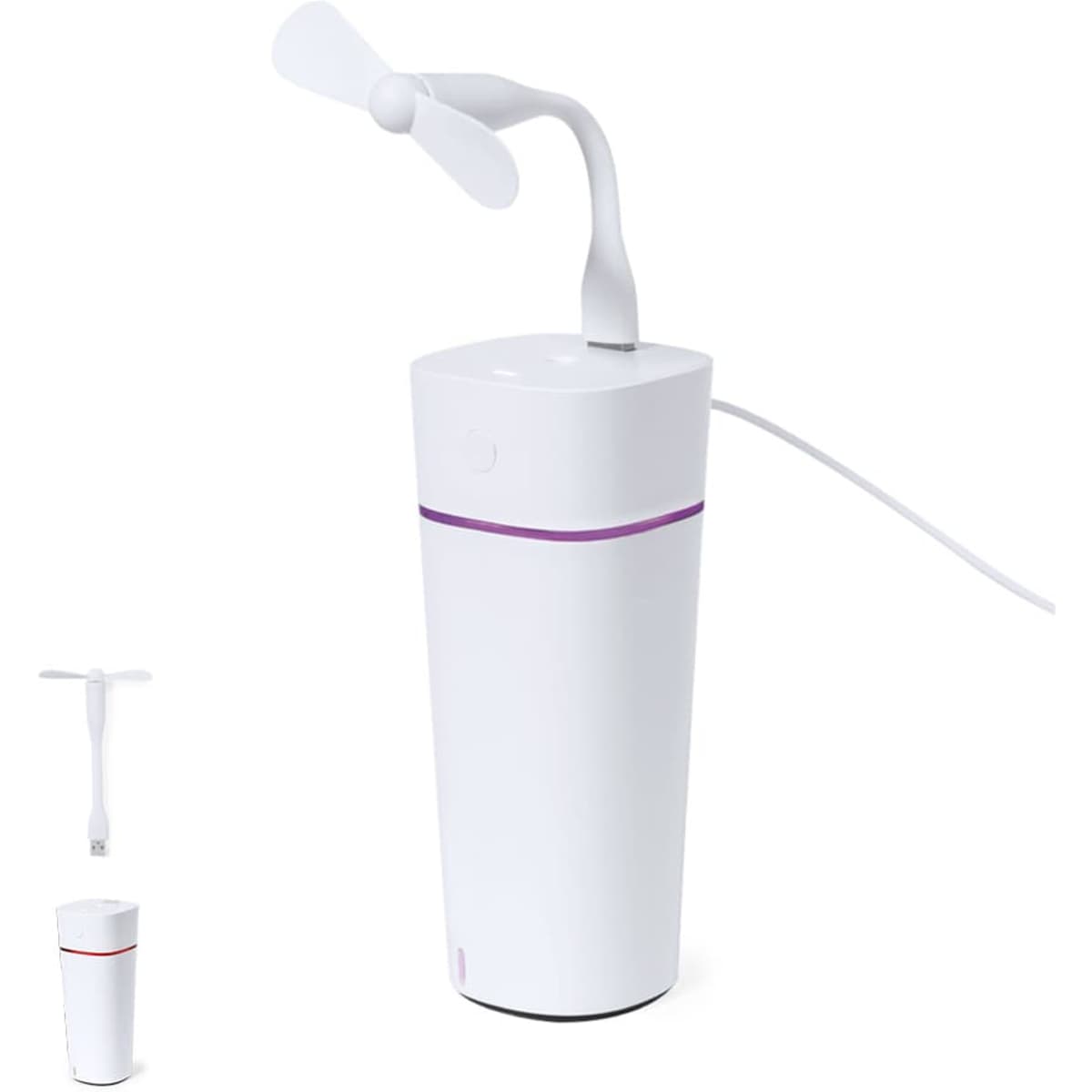 A portable white fan with a flexible neck and a base resembling a drink bottle, featuring a logo.