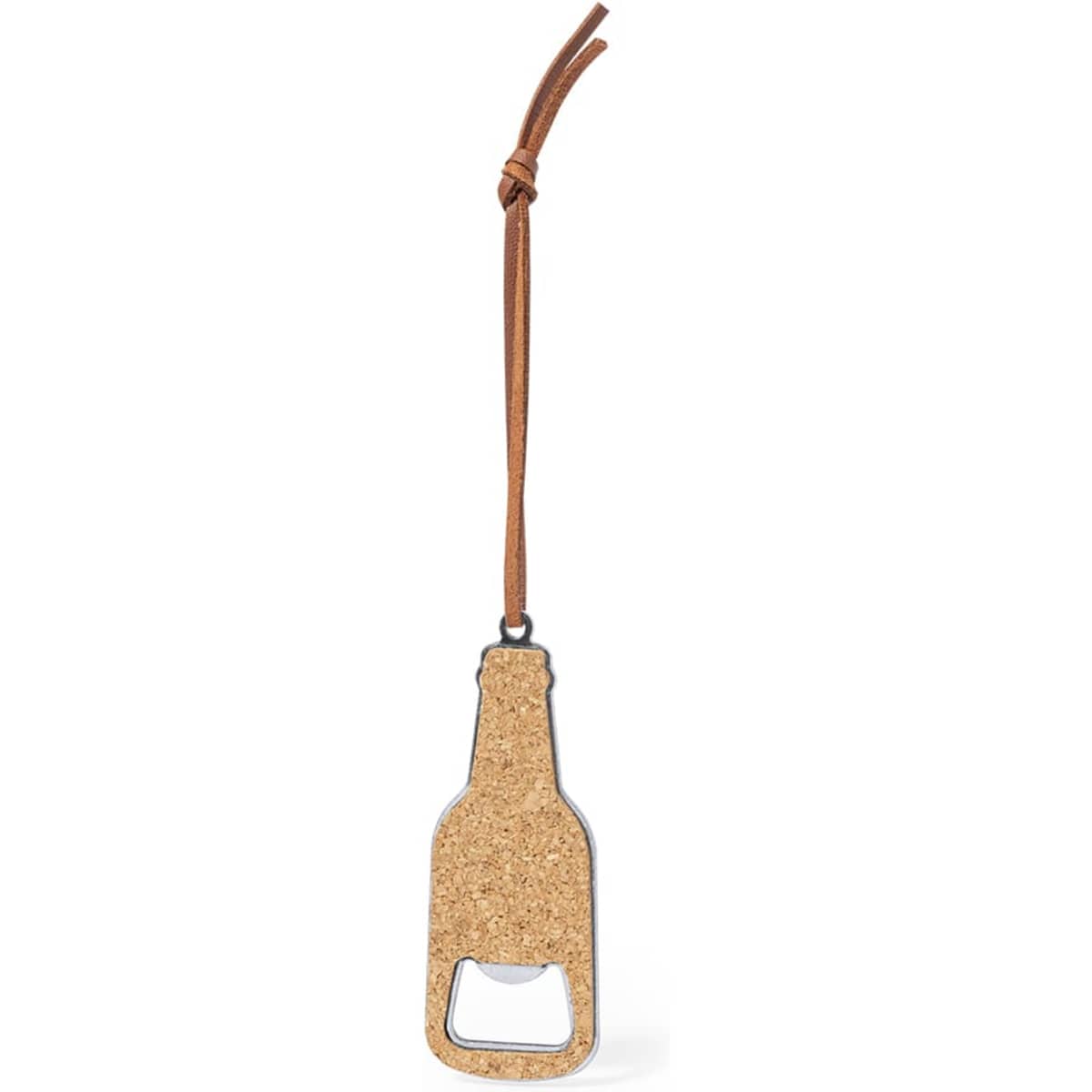 A drink bottle opener shaped like a bottle, featuring a cork body and a leather strap for easy carrying.