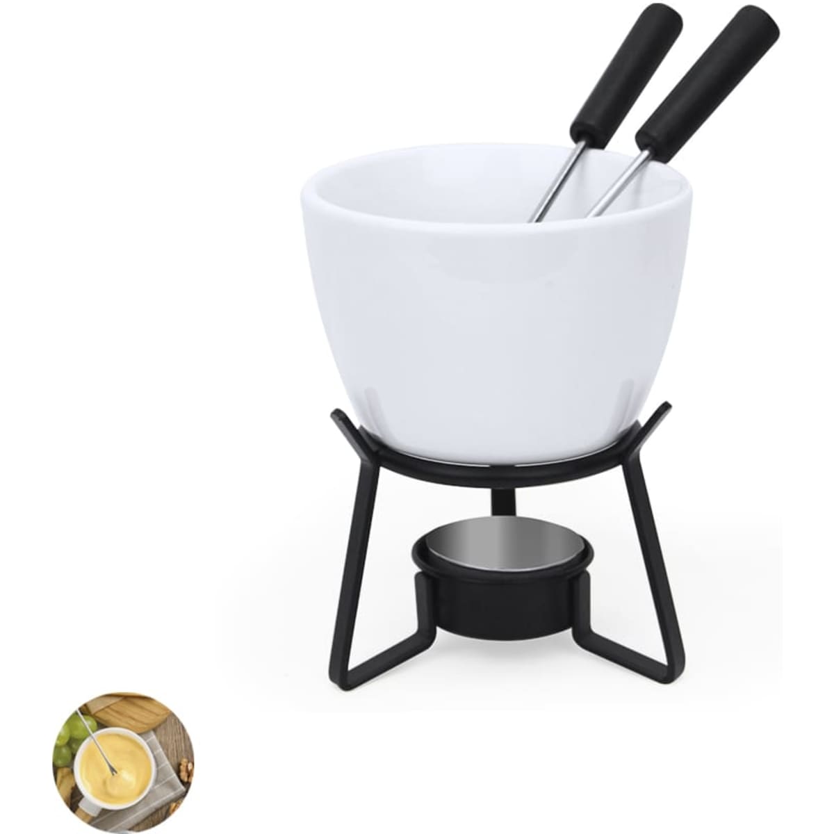 A white fondue pot with two forks, set on a black stand above a small tea light holder.