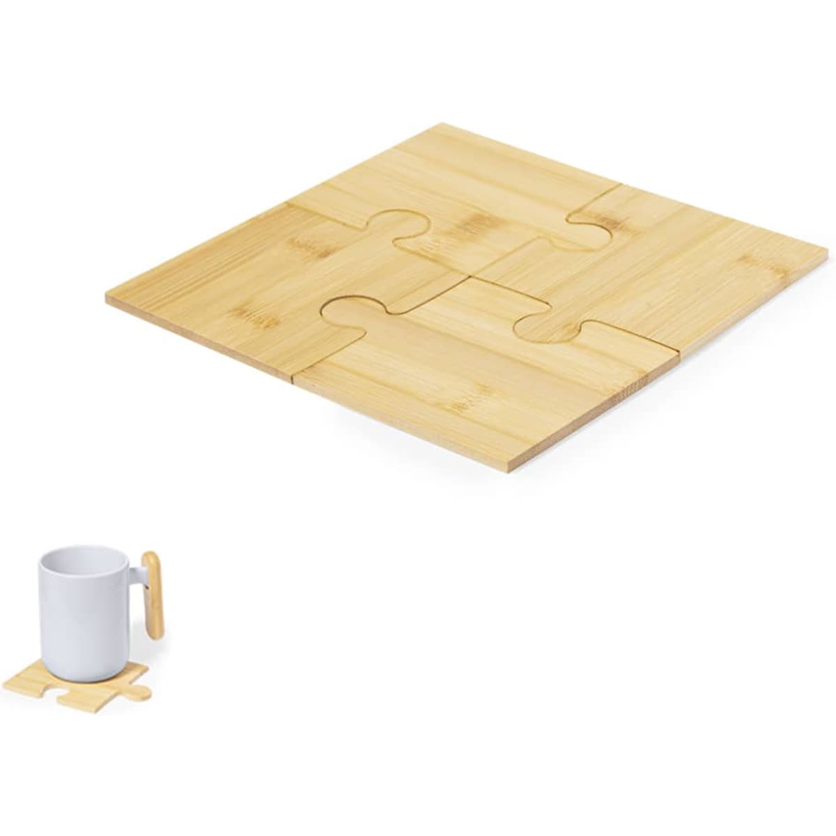 A set of bamboo coasters shaped like puzzle pieces, with a grey drink bottle nearby.