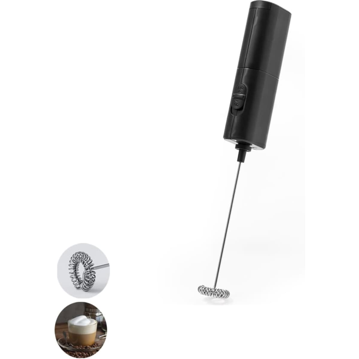 A frother in black, featuring a metal whisk attachment and a sleek design, ideal for mixing beverages.