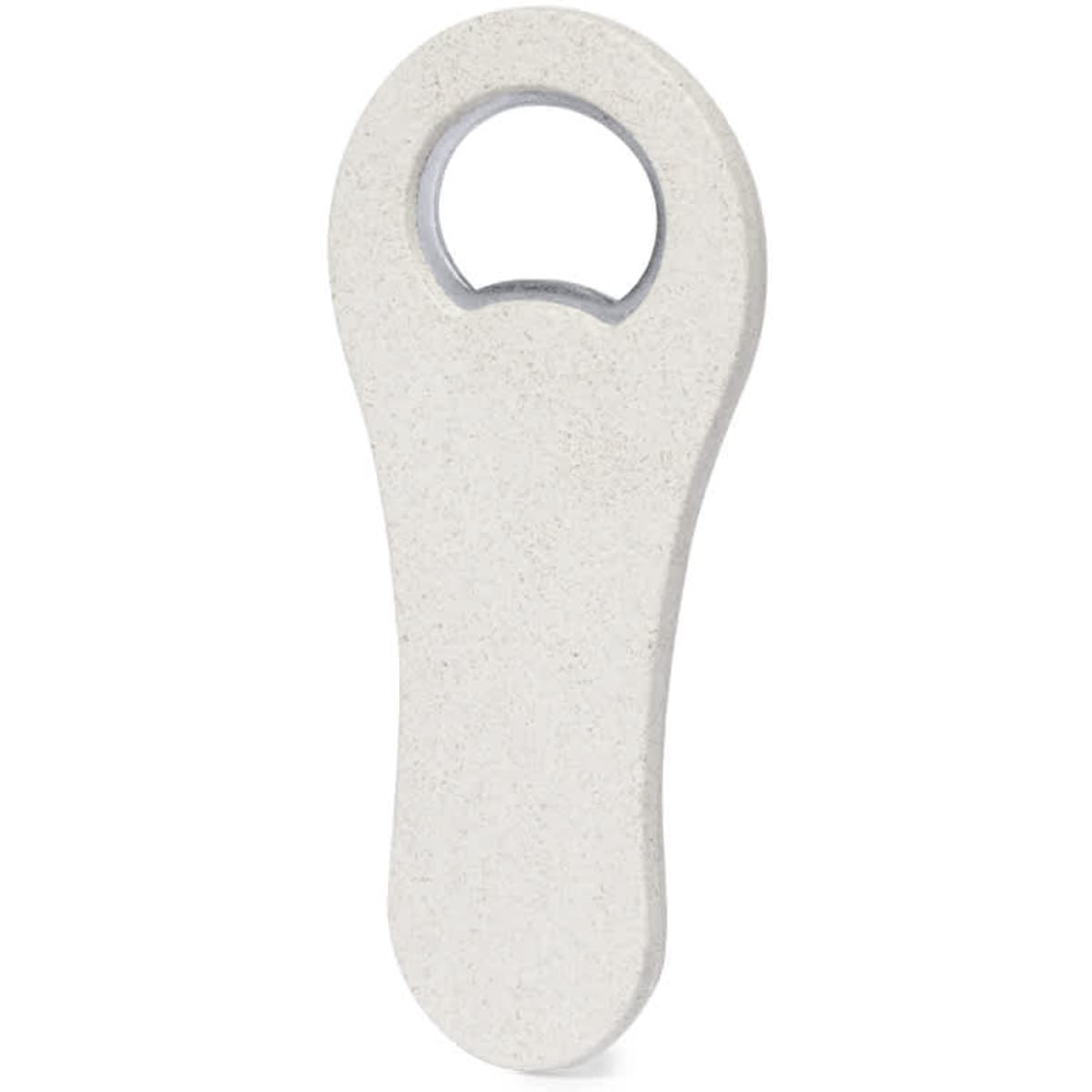 A drink bottle in a smooth, pale colour featuring a bottle opener design. It has a simple logo on the side.