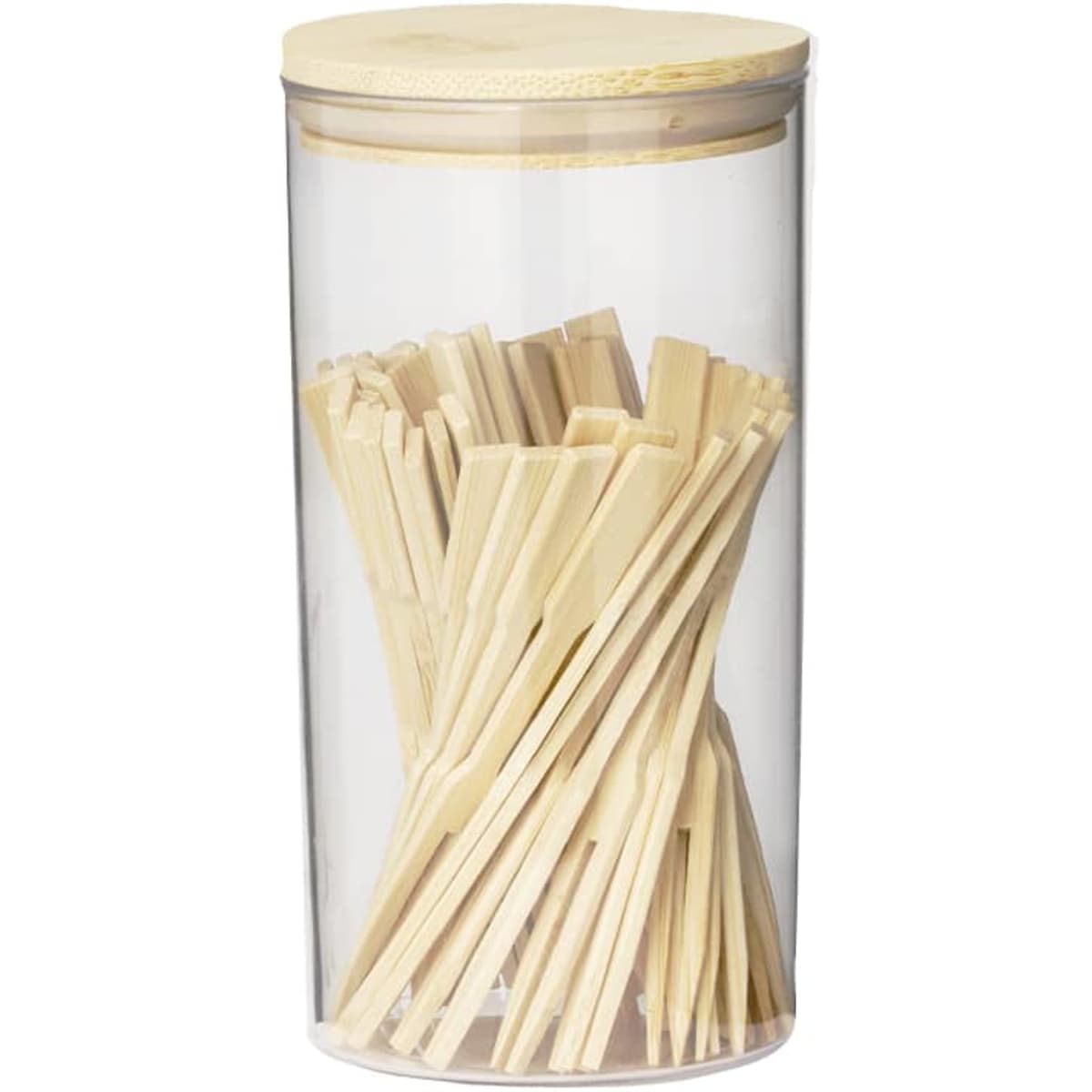 A clear container with a bamboo lid filled with wooden cutlery pieces in a light colour.