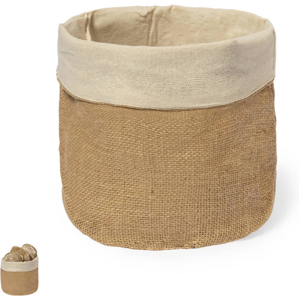 A textured burlap storage basket with a cream-coloured fabric trim at the top. It has a simple, natural design.