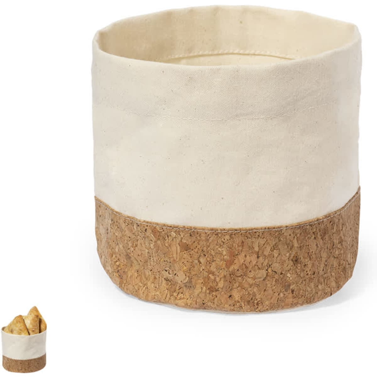 A storage basket featuring a cream fabric upper and a cork bottom, ideal for organising home items.
