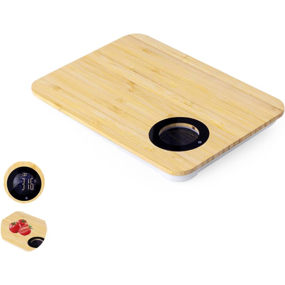 A bamboo chopping board featuring a circular groove and a built-in digital scale for easy measurement.