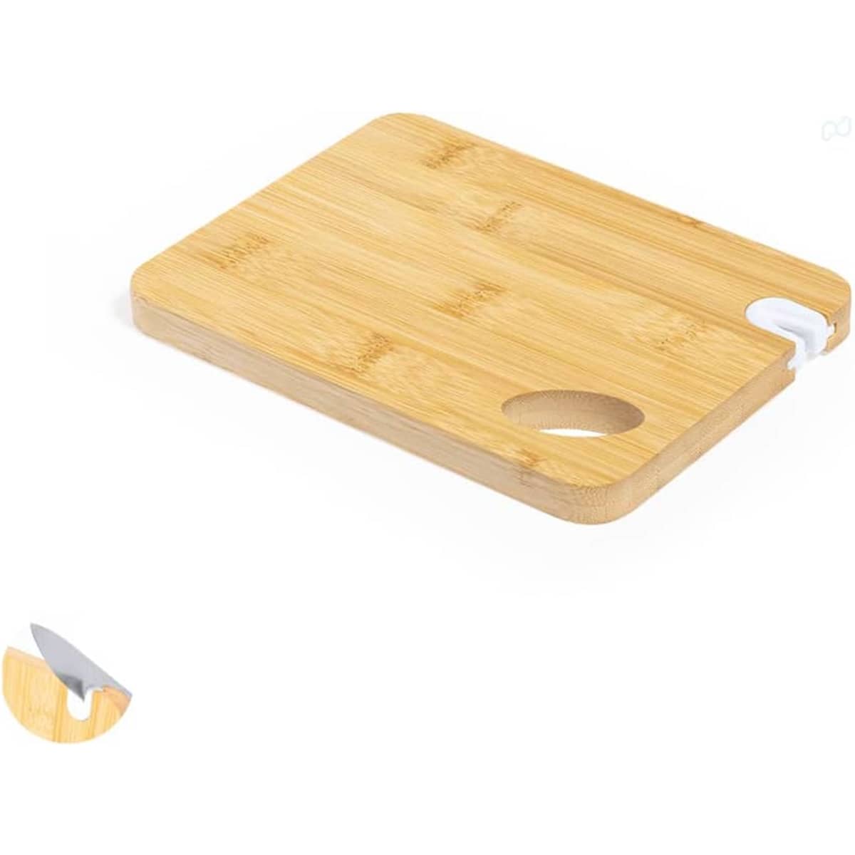 A bamboo chopping board with a unique cut-out handle, featuring a logo in the corner.