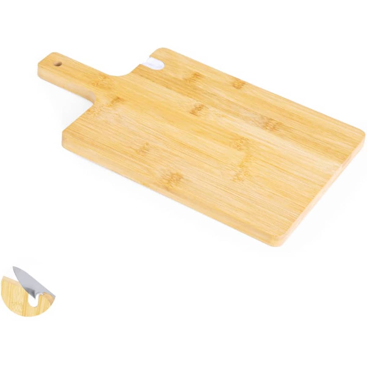 A bamboo chopping board with a handle and a circular cutout, showcasing natural wood grain.