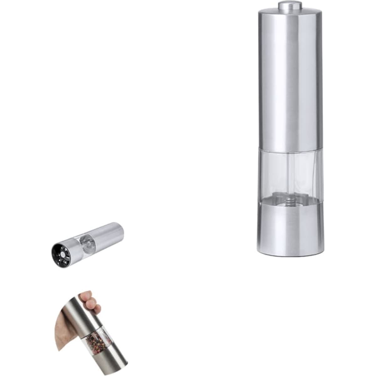 A silver pepper mill with a transparent base, featuring a hand-held grinding mechanism at the bottom.