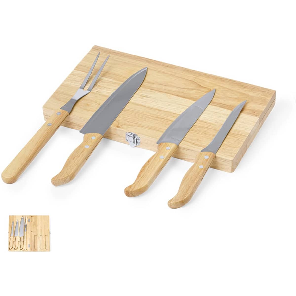 A wooden cheese board with a set of four stainless steel knives, featuring wooden handles, neatly arranged on top.