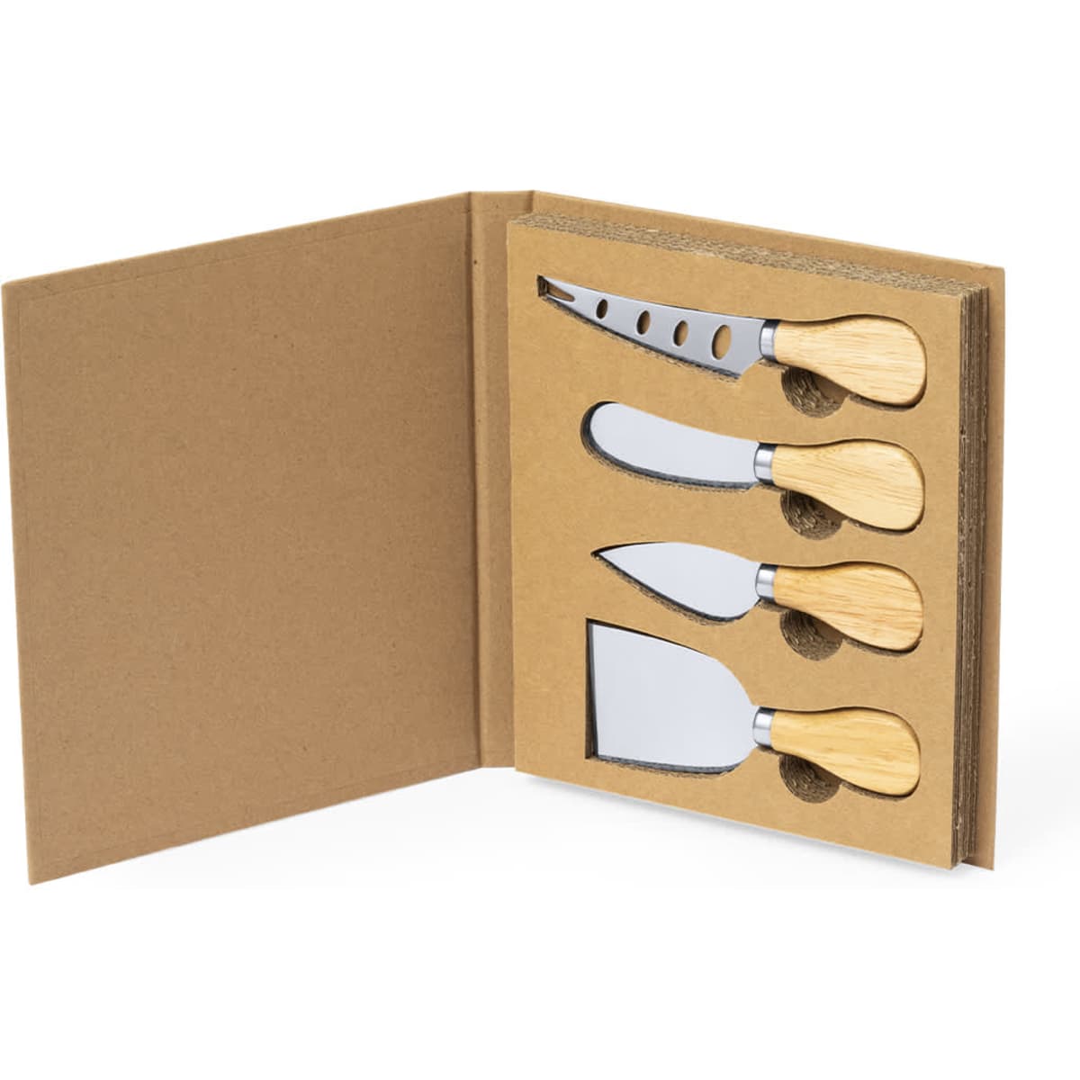 A set of four cheese knives with wooden handles housed in a brown cardboard case.