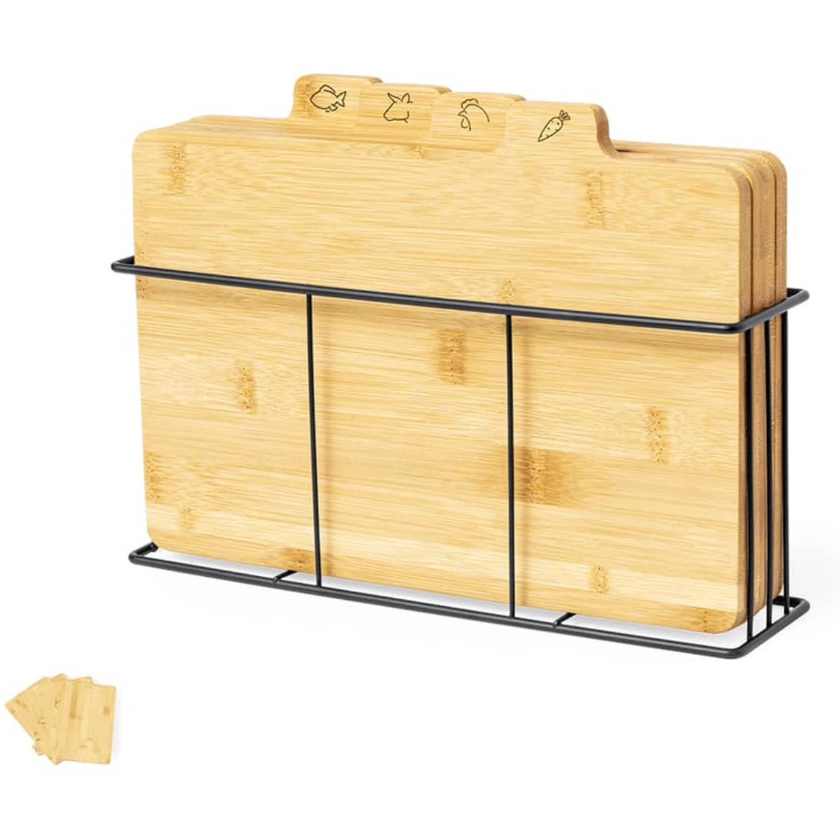 A set of wooden chopping boards in a black metal holder, featuring engraved icons on the top board.