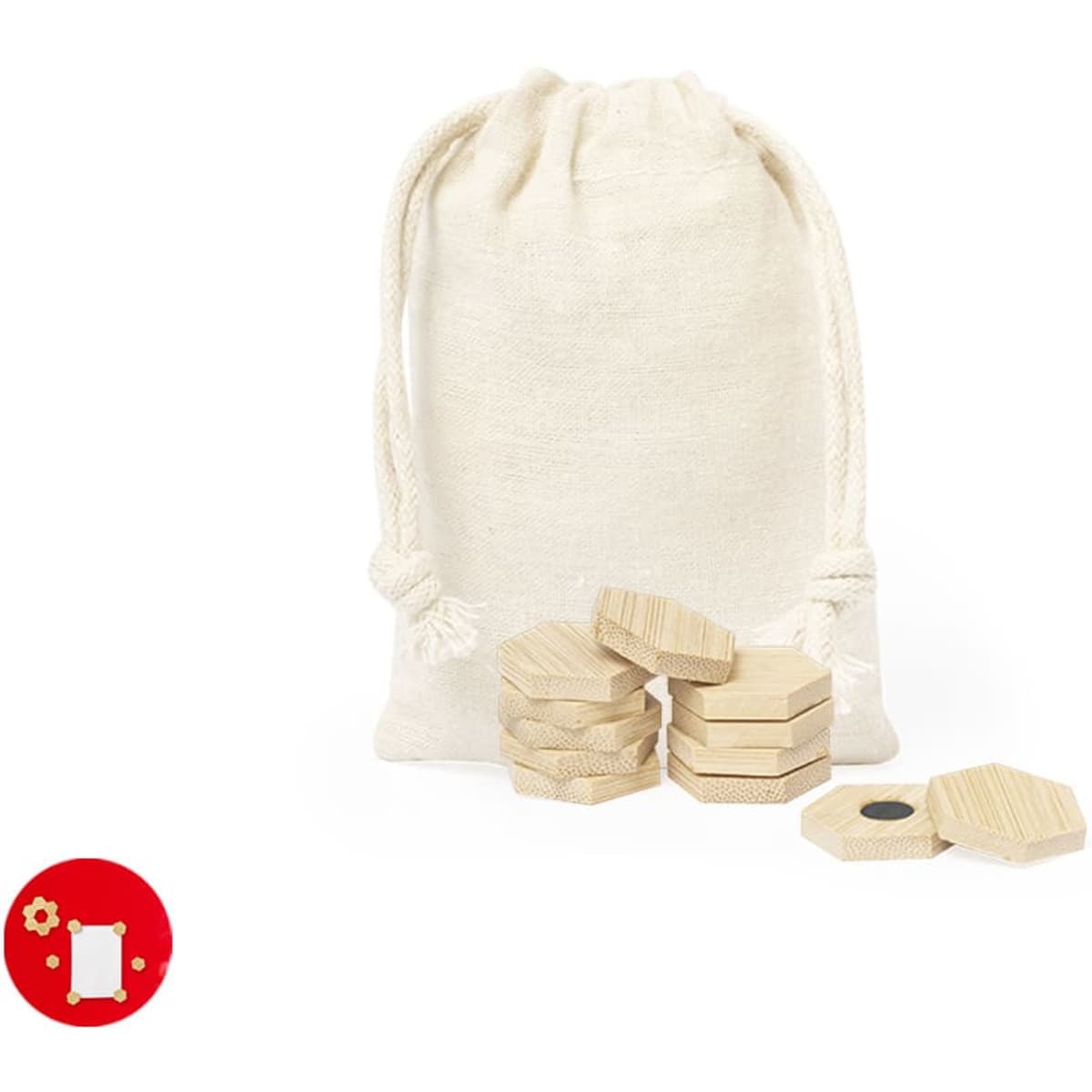A set of wooden hexagonal magnets in a natural fabric bag, featuring a simple design and a light colour.